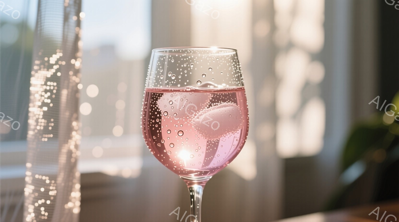 薄いピンク色の気泡が入ったワイングラスが、明るい光の中で捉えられています。グラスの中には氷も一つ浮かんでおり、背景はぼやけた室内で、窓から差し込む光が暖かく、リラックスした雰囲気を醸し出しています。全体的に、爽やかで穏やかな時間が感じられる写真です。
