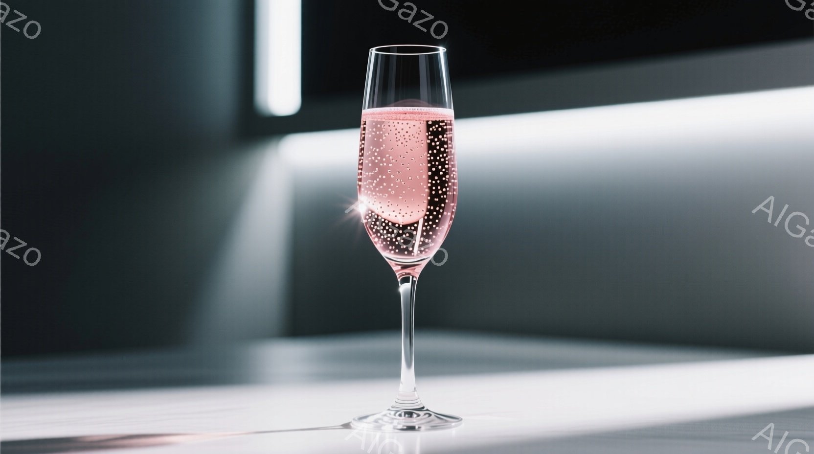 華やかなピンク色のシャンパンが、細長い脚を持つグラスに満たされている。グラスは白く光沢のある表面に置かれており、背景にはぼやけたグレーの影が映り込んでいる。全体的に、エレガントで洗練された雰囲気であり、特別な機会や贅沢な時間を連想させる。
