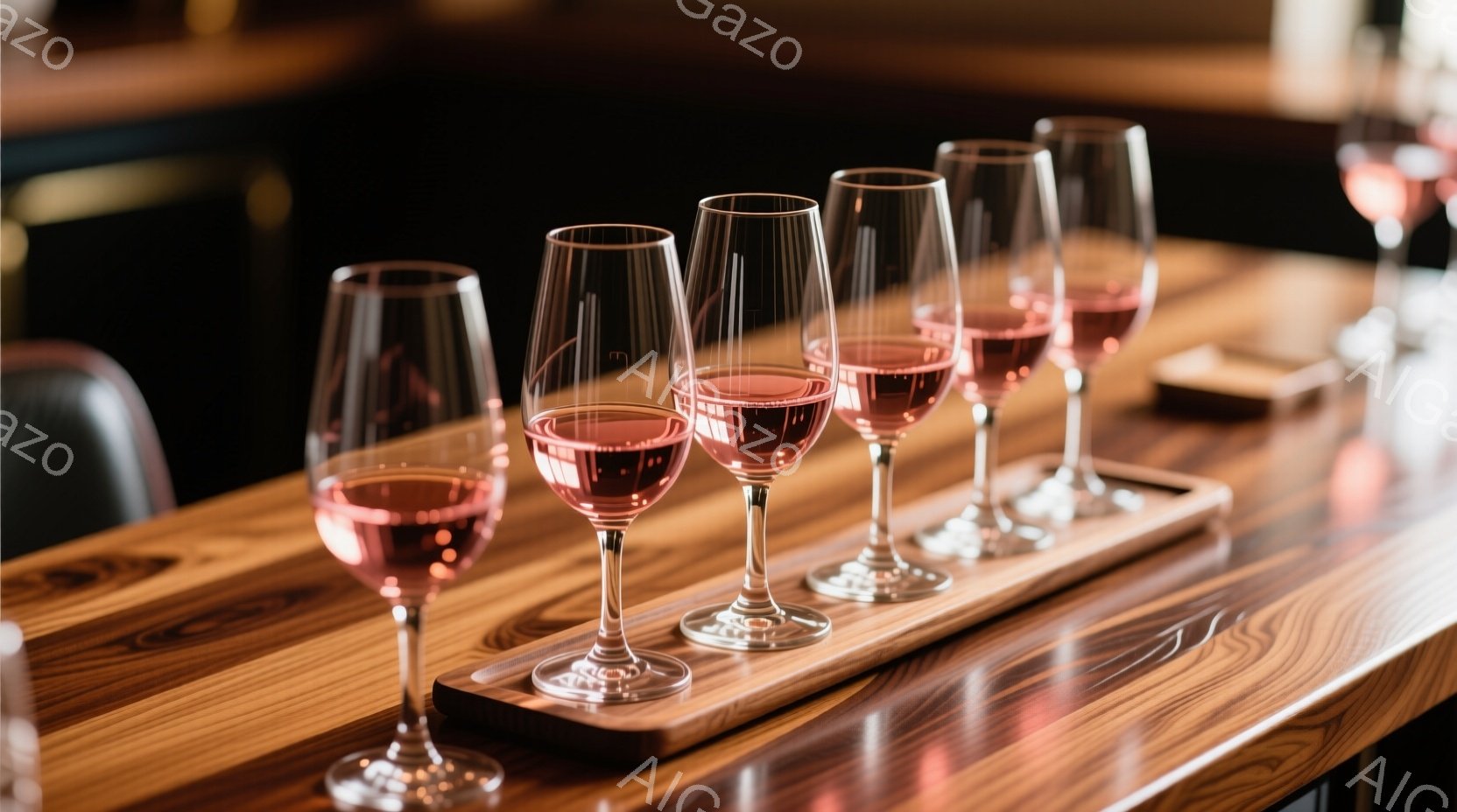 テーブルの上には、ピンク色のワインが入ったワイングラスが整然と並べられた木製のトレイの上に置かれています。グラスは均等に間隔を空けて配置され、光沢のある木製のテーブルの美しい木目と対照的です。背景は暗めで、バーカウンターかレストランの一部である可能性があり、洗練された落ち着いた雰囲気が漂っています。