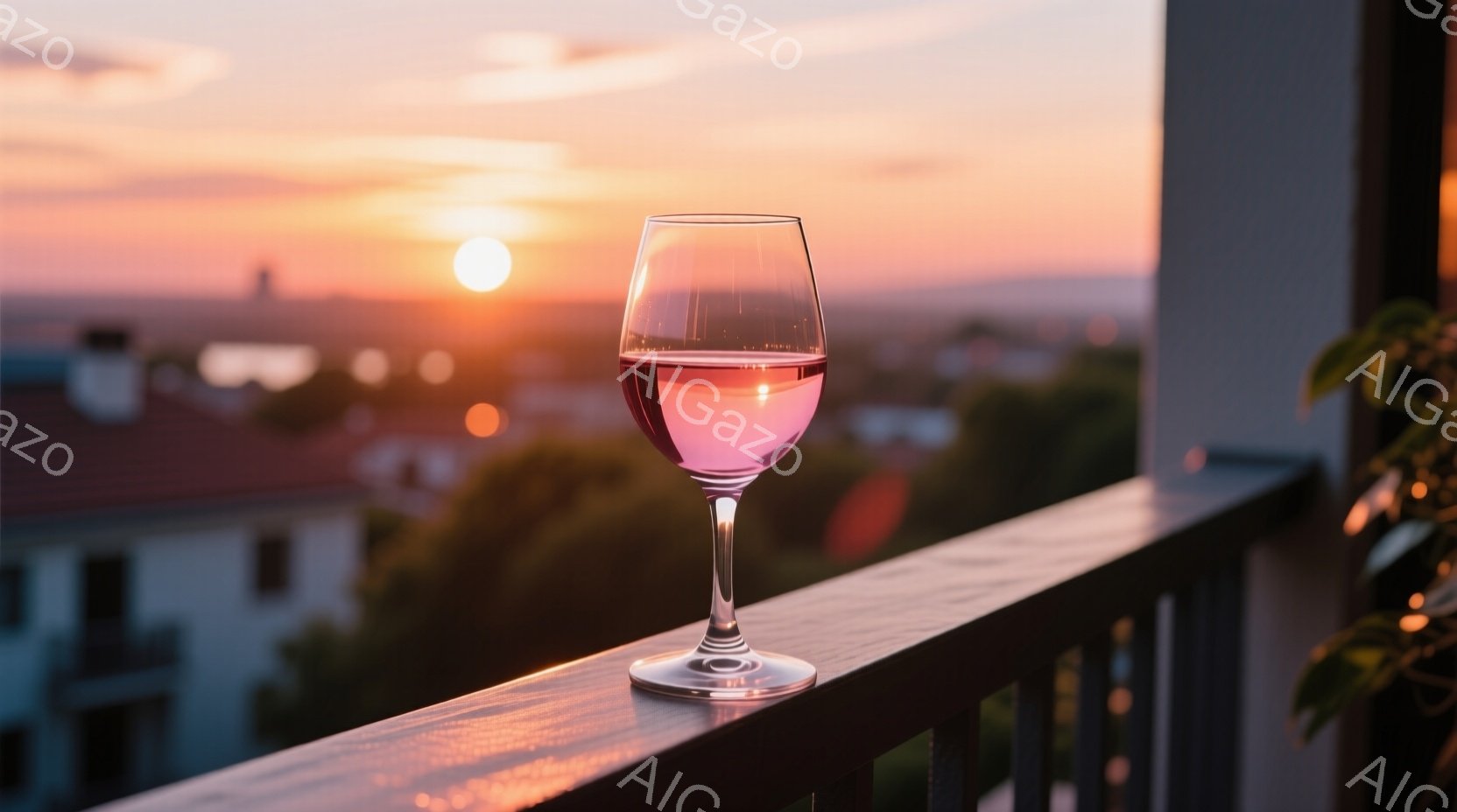 バルコニーの手すりに置かれたワイングラスが印象的な写真です。グラスの中には薄いピンク色のワインが入っており、背景には夕焼けに照らされた街並みが広がっています。オレンジとピンクの色調が美しく、穏やかでロマンチックな雰囲気を醸し出しています。