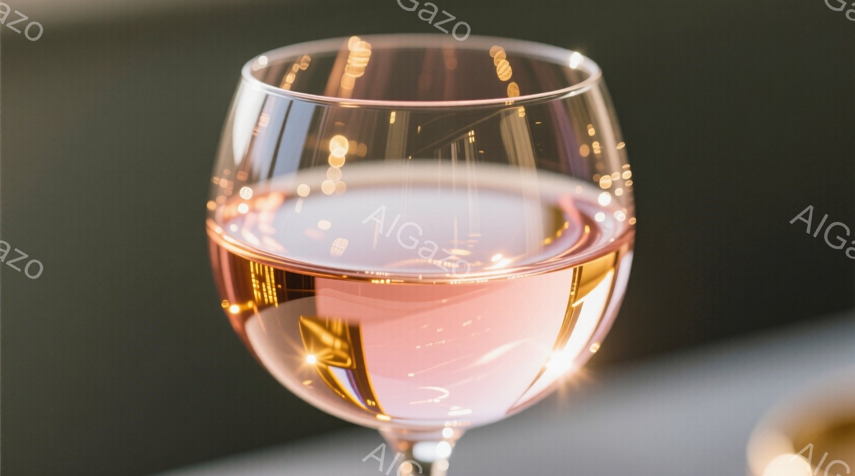 薄いピンク色のワインが、細長い脚を持つワイングラスに満たされている。グラスの液体は光を反射し、きらきらと輝いており、背景にはぼやけた光の粒子が見える。全体的に優雅で洗練された雰囲気であり、特別な機会やリラックスした瞬間のために表現されているように見える。