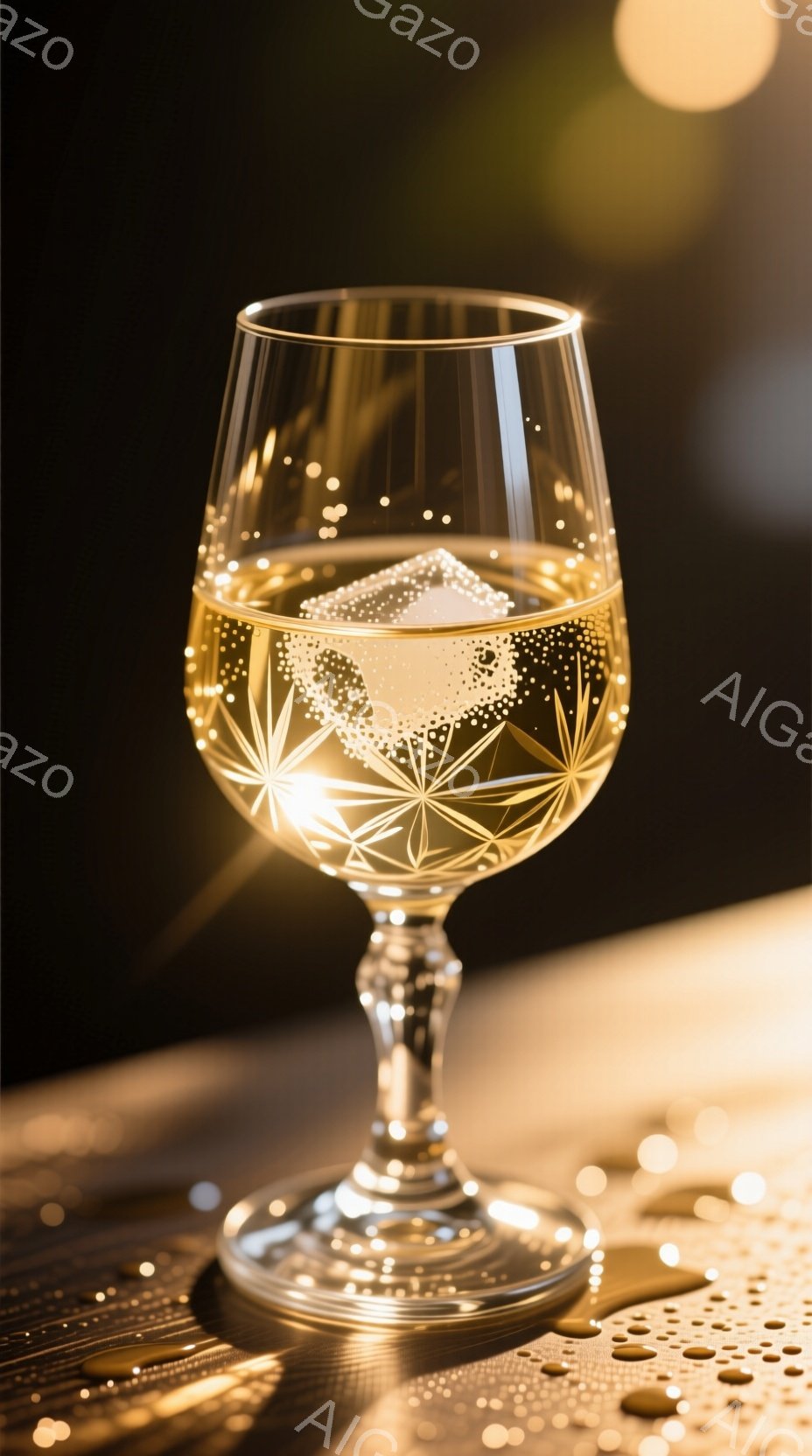 氷のキューブが入ったクリスタルのグラスが、光を受けて煌めいている。グラスの周囲には水滴が広がり、テーブルの上で反射して暖かく、豪華な雰囲気を醸し出している。背景は暗くぼやけており、グラスがメインの被写 - AI生成フリー素材