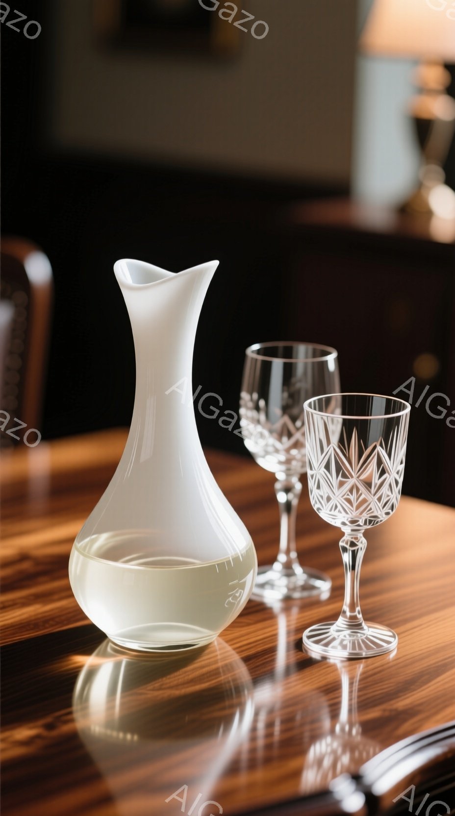 濃い木目のテーブルの上に、白ワインのような液体が入ったガラス製のデキャンタと、カットガラスのワイングラスが置かれています。デキャンタは丸みを帯びた形をしており、液体が反射して光を帯びています。背景は暗く、高級感があり、落ち着いた雰囲気を醸し出しています。