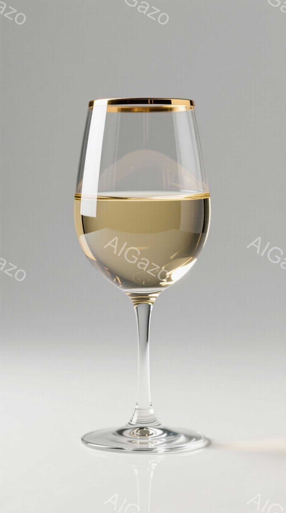画像は、繊細な脚を持つワイングラスが写っています。グラスには薄い黄金色の液体が入っており、上部がわずかに虹色に光っています。背景は淡いグレーで、グラスの影が滑らかに反射し、上品で落ち着いた雰囲気を醸し - AI生成フリー素材