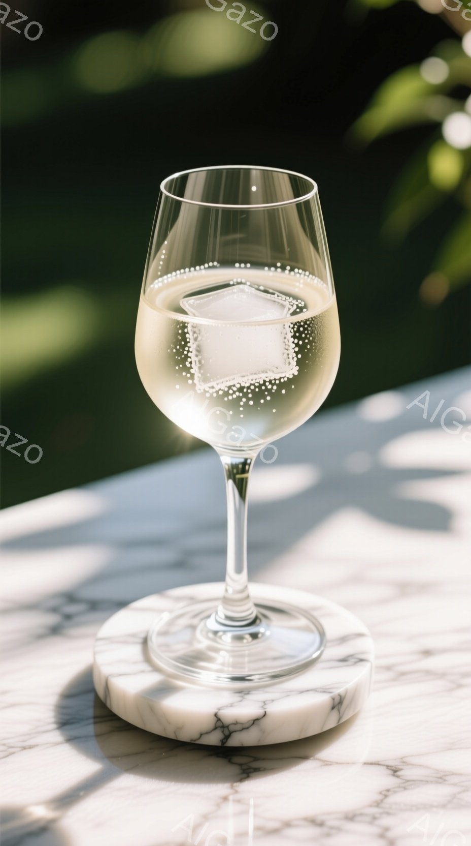 白ワイングラスが、大理石調のコースターの上に置かれています。グラスの中には氷と泡のある液体が入っており、光が差し込みキラキラと輝いています。背景は緑豊かな植物で、日差しが柔らかく、落ち着いた雰囲気です。