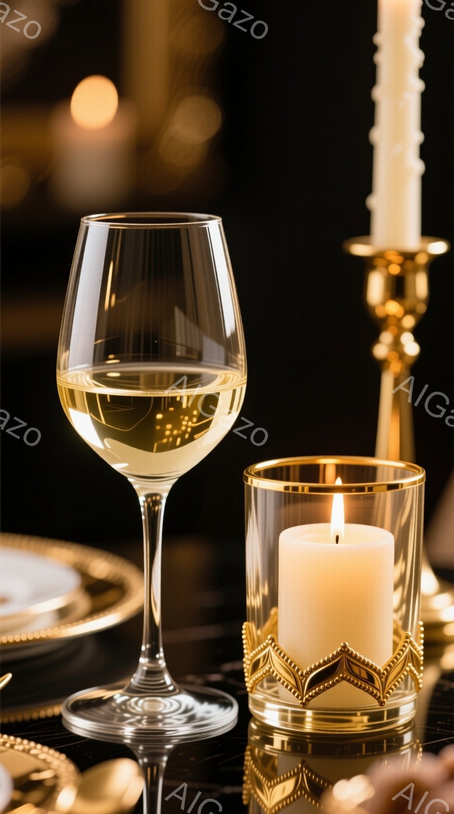 テーブルの上には、ワイングラスとキャンドルホルダーが置かれています。ワイングラスには淡い黄金色のワインが入っており、キャンドルホルダーは金色の装飾が施され、温かい光を放つ白いキャンドルが灯っています。背景は暗く、金色の装飾がぼんやりと見え、豪華で落ち着いた雰囲気を作り出しています。