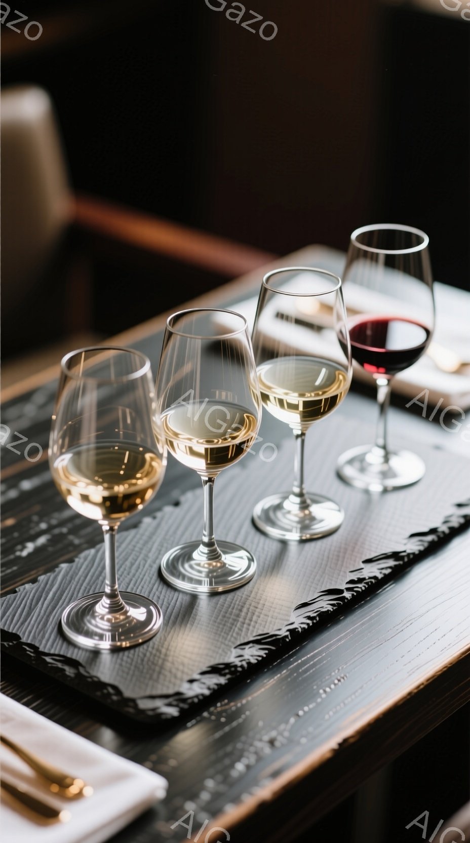 テーブルの上には、様々なワイングラスが並べられています。白ワインが三つ、赤ワインが一つで、グラスの中にはそれぞれの色が映えています。背景は暗く、テーブルの光沢がワイングラスを際立たせており、洗練された - AI生成フリー素材