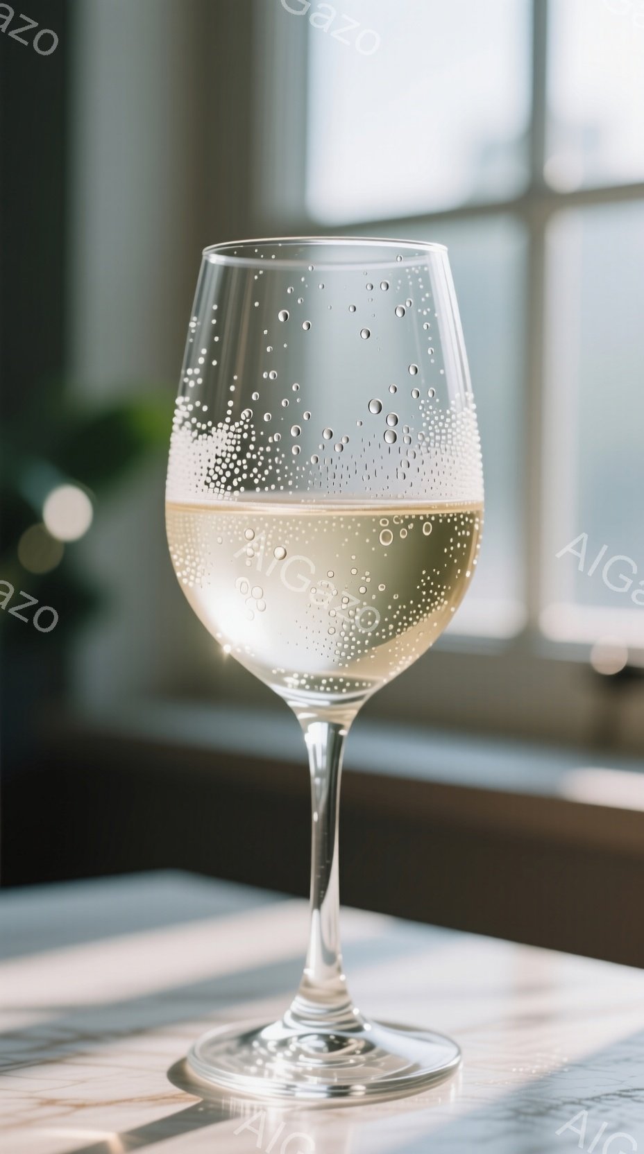 白ワインが注がれたグラスが、大理石のような模様のテーブルの上に置かれています。背景にはぼやけた窓があり、明るい光が差し込んでいます。全体的に清潔感があり、爽やかな雰囲気です。