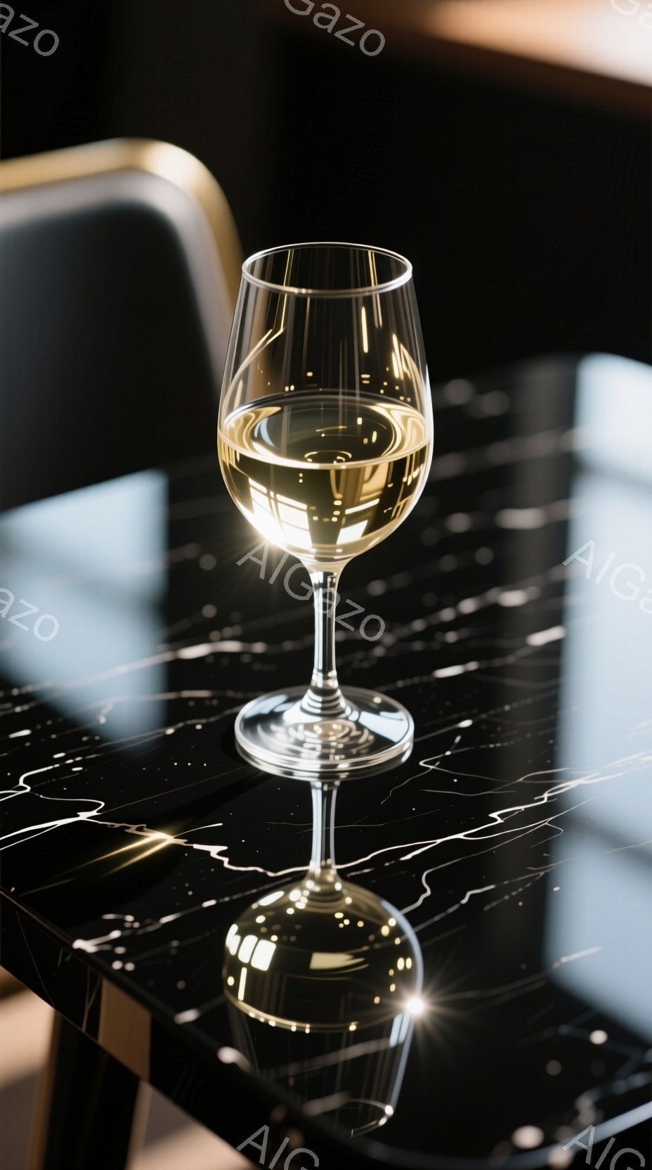 白ワインがグラスに満たされ、黒の大理石のテーブルに置かれています。テーブルの表面にはワイングラスの鮮やかな反射が映り込み、光沢のある質感が際立っています。背景にはぼやけた室内空間が見え、洗練された雰囲気を醸し出しています。