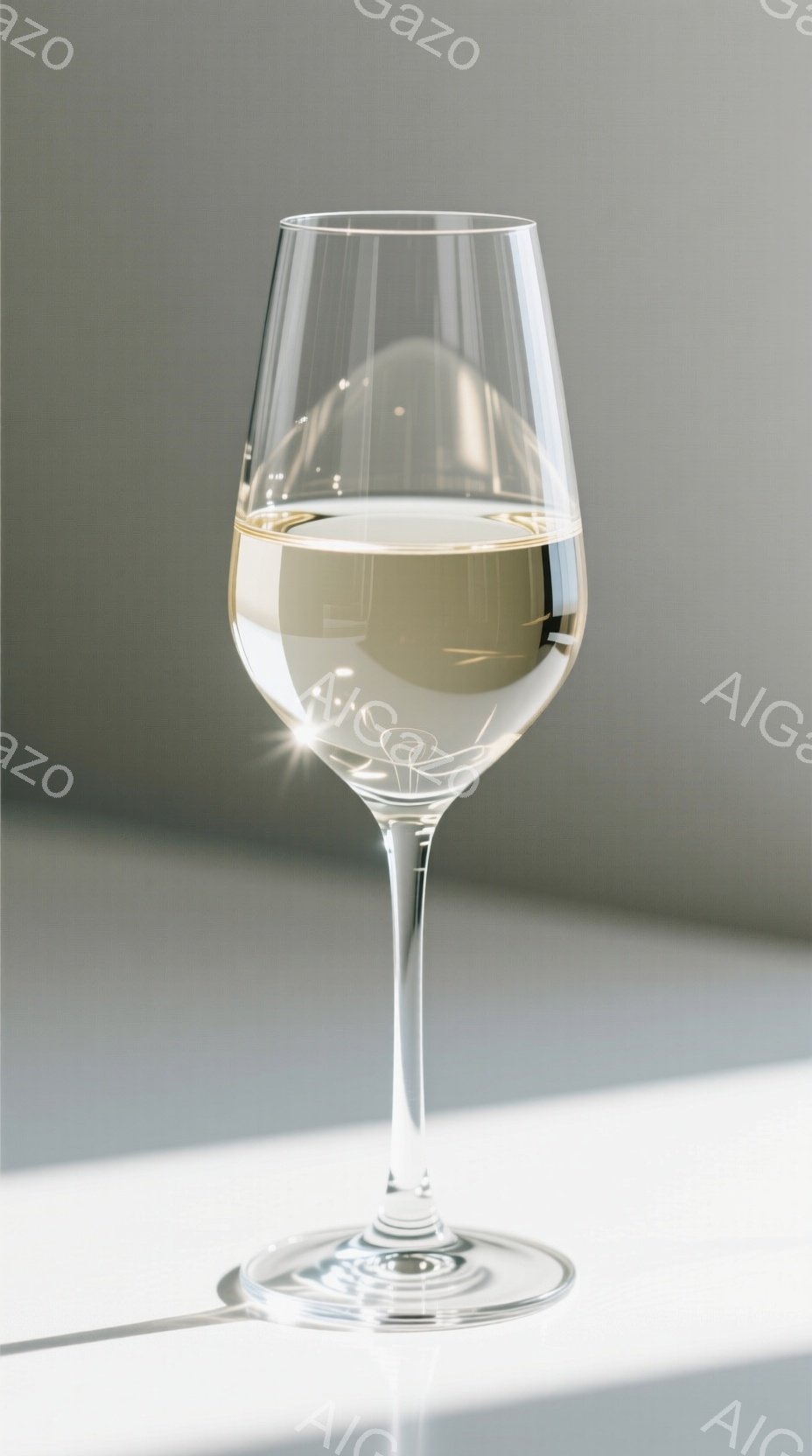 白ワイングラスが白い台の上に置かれており、グラスの中には薄い黄色のワインが半分ほど入っている。背景はグレーがかった無地の壁で、グラスの影がはっきりと投影されている。 全体的にシンプルで洗練された雰囲気で、ワインの繊細さを強調している。