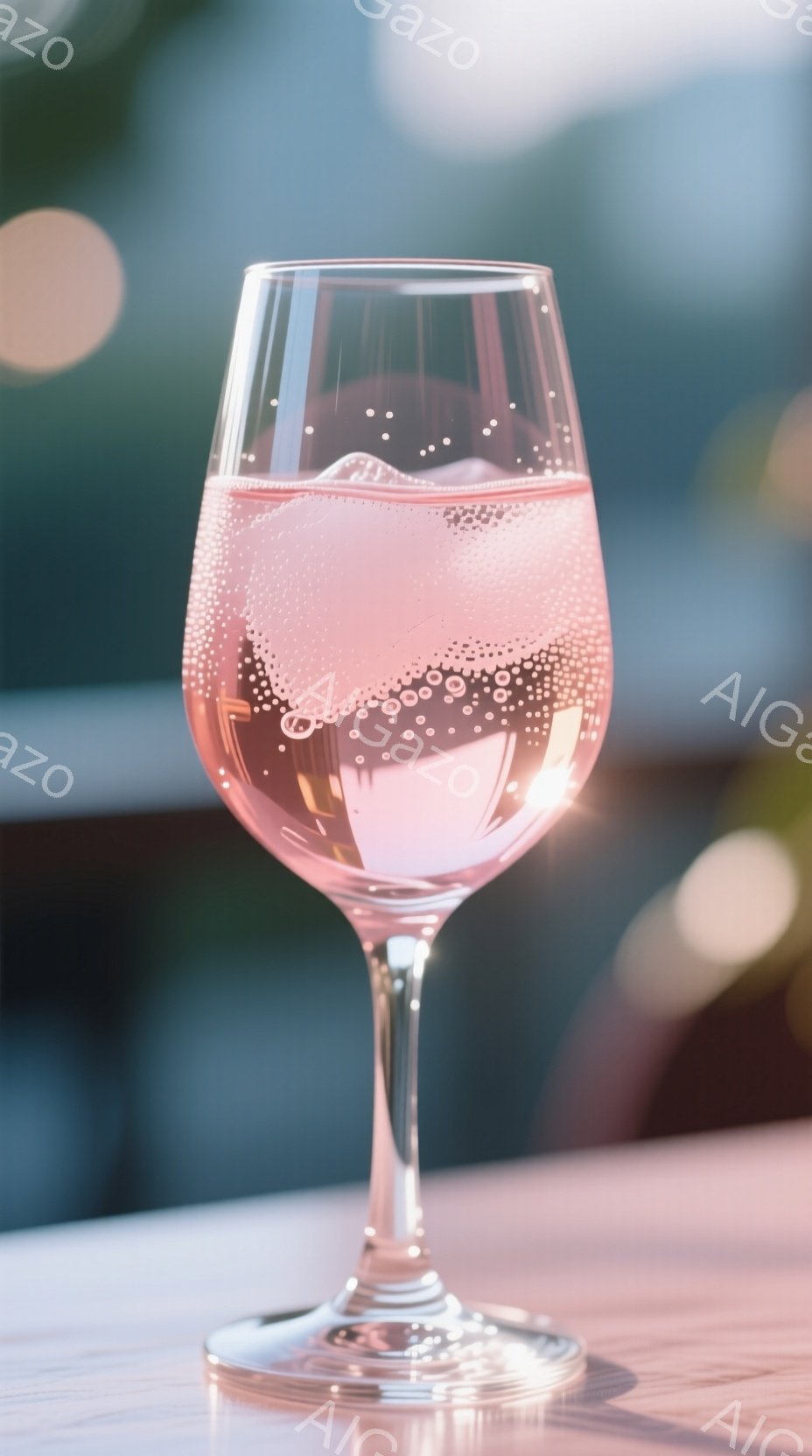 画像には、テーブルの上に置かれたワイングラスが映っています。グラスの中には泡立ちのあるピンク色の液体が入っており、おそらくスパークリングワインかロゼワインでしょう。背景はぼやけており、自然光が差し込んでおり、全体的に爽やかで落ち着いた雰囲気です。