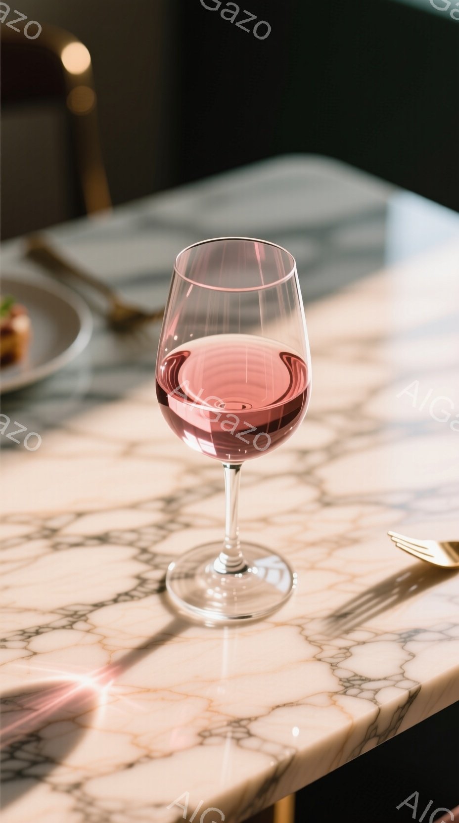大理石のテーブルの上に、バラ色のワイングラスが置かれています。グラスは半分ほどワインで満たされ、光を浴びて輝いています。背景にはぼやけた食器と椅子が見え、高級感のある落ち着いた雰囲気が漂っています。 - AI生成フリー素材