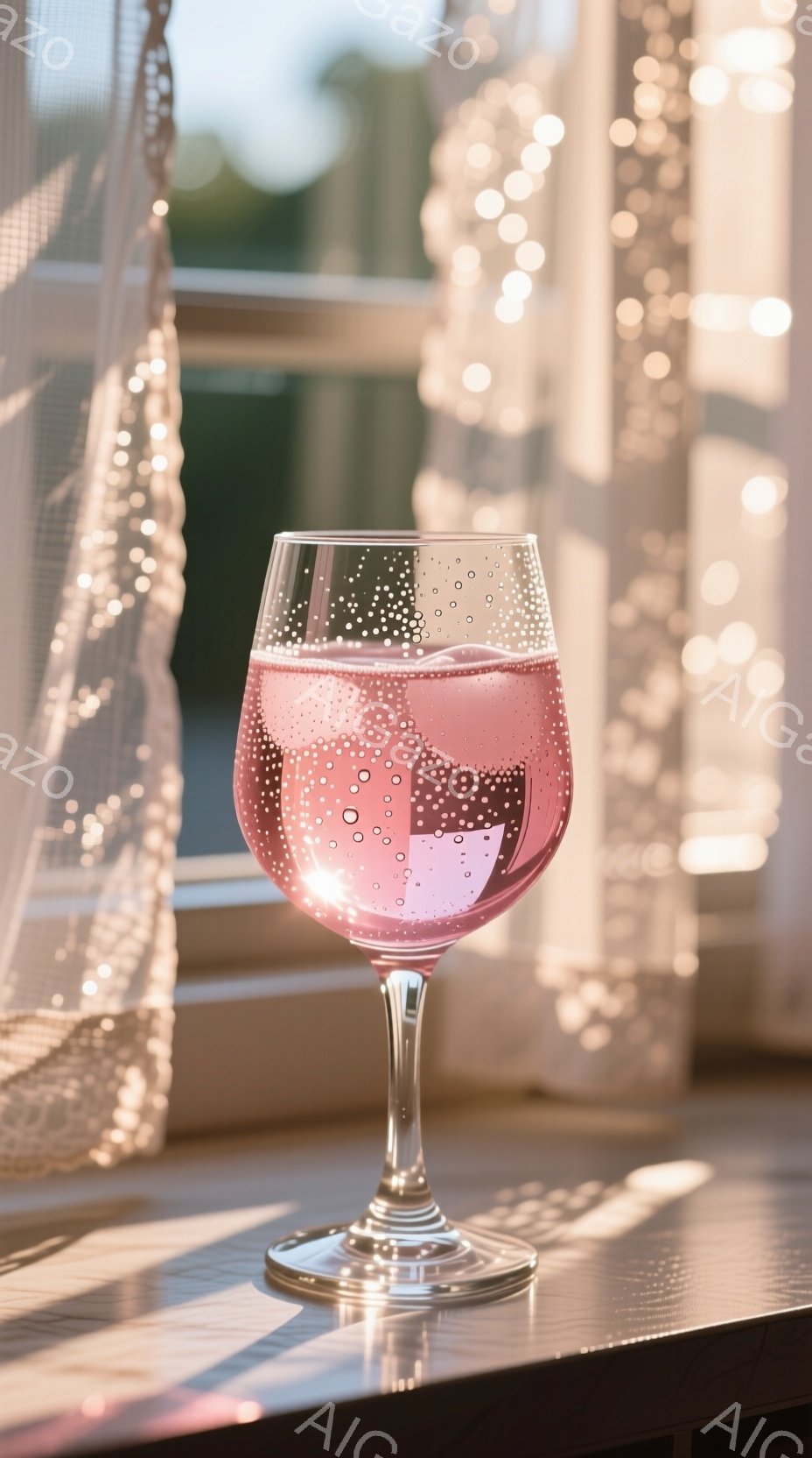 薄いピンク色の泡入りの飲み物が、脚付きのグラスに満たされています。グラスは光が差し込む窓辺のテーブルに置かれており、背景にはぼやけた光の点が散りばめられた、暖かい雰囲気の室内が広がっています。全体的に柔らかく、落ち着いた、リラックスした雰囲気を醸し出しています。