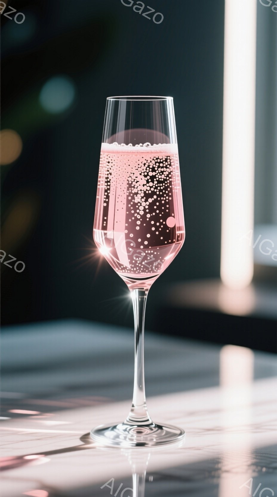 ピンク色の泡が立ち昇るワイングラスが、光沢のある表面に反射するテーブルの上に置かれています。背景はぼやけており、抽象的なピンクと白の光の筋が見え、全体的にエレガントで洗練された雰囲気を醸し出しています - AI生成フリー素材