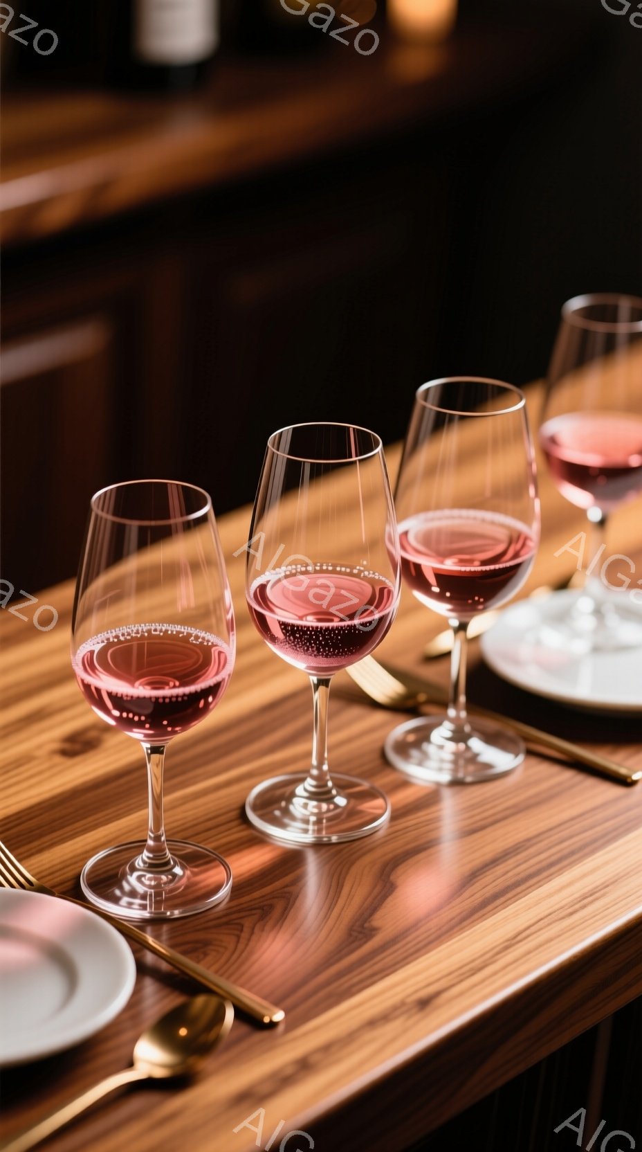 テーブルの上には、ピンク色のワインが注がれた3つのワイングラスが並んでいます。木目の美しいテーブルと、ゴールドの食器類が上品な雰囲気を醸し出しており、落ち着いた大人の食事のシーンを連想させます。背景はぼかされており、ワイングラスと食事が主役になっています。