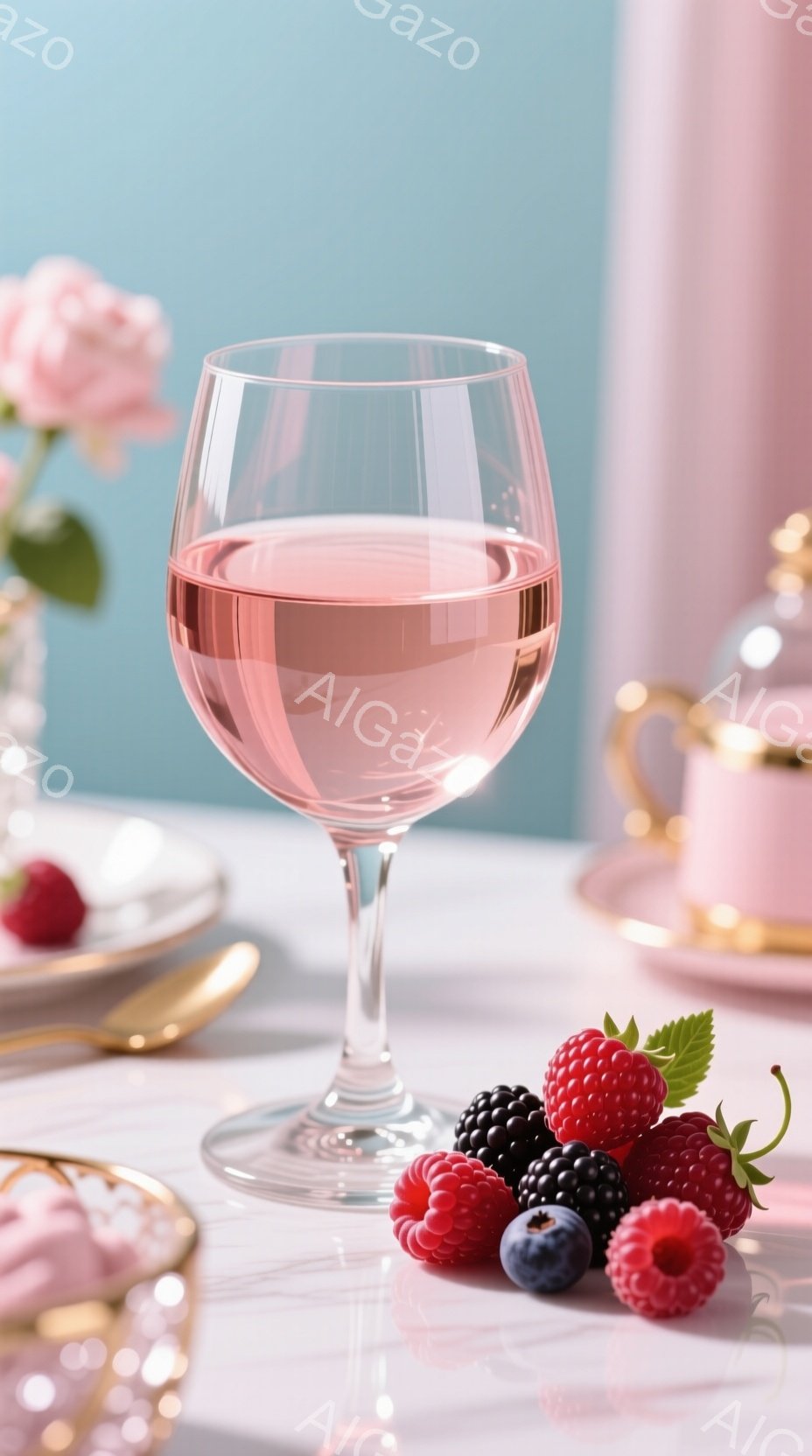 薄いピンク色のワイングラスが、白く大理石模様のテーブルの上に置かれ、その隣にはラズベリー、ブラックベリー、ブルーベリーの盛り合わせがあります。背景には淡いピンク色の花、金色の食器、そして穏やかな青色の壁が見え、全体的に優雅でロマンチックな雰囲気を醸し出しています。明るい光が、ワイングラスとベリーを照らし、上品なテーブルコーディネートが印象的です。