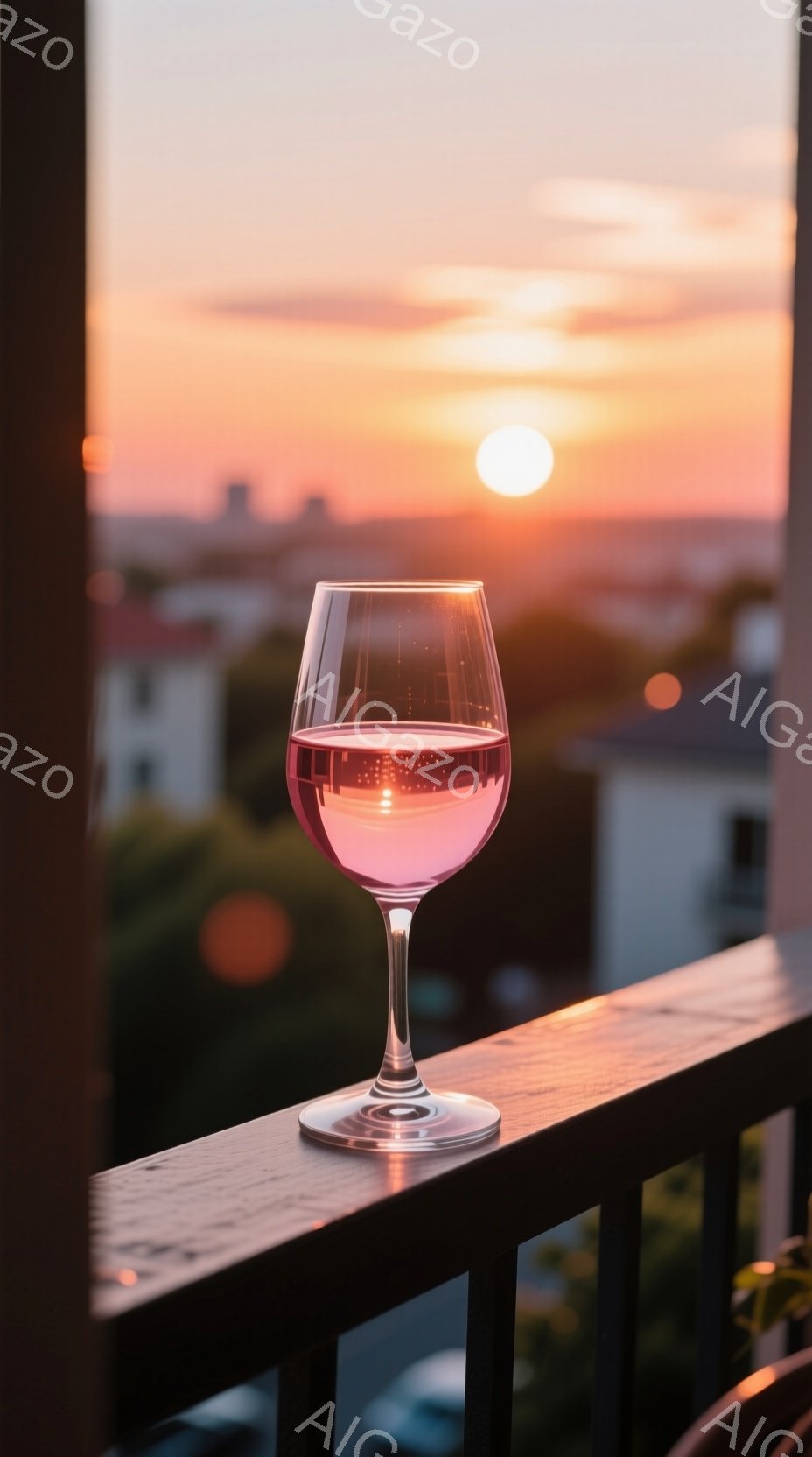 バルコニーの手すりに、淡いピンク色のワイングラスが置かれている。背景には夕焼け空が広がり、オレンジ色とピンク色のグラデーションが美しい夜景を思わせる。街並みがぼんやりと見え、穏やかでロマンチックな雰囲気を醸し出している。