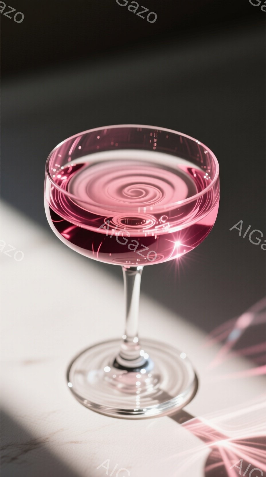 透明なグラスに、鮮やかなピンク色の液体が渦を巻いて入っており、まるで銀河のような幻想的な光景を作り出している。光の反射がグラスの表面や液体に複雑な模様を作り出し、上品で洗練された雰囲気を醸し出している - AI生成フリー素材
