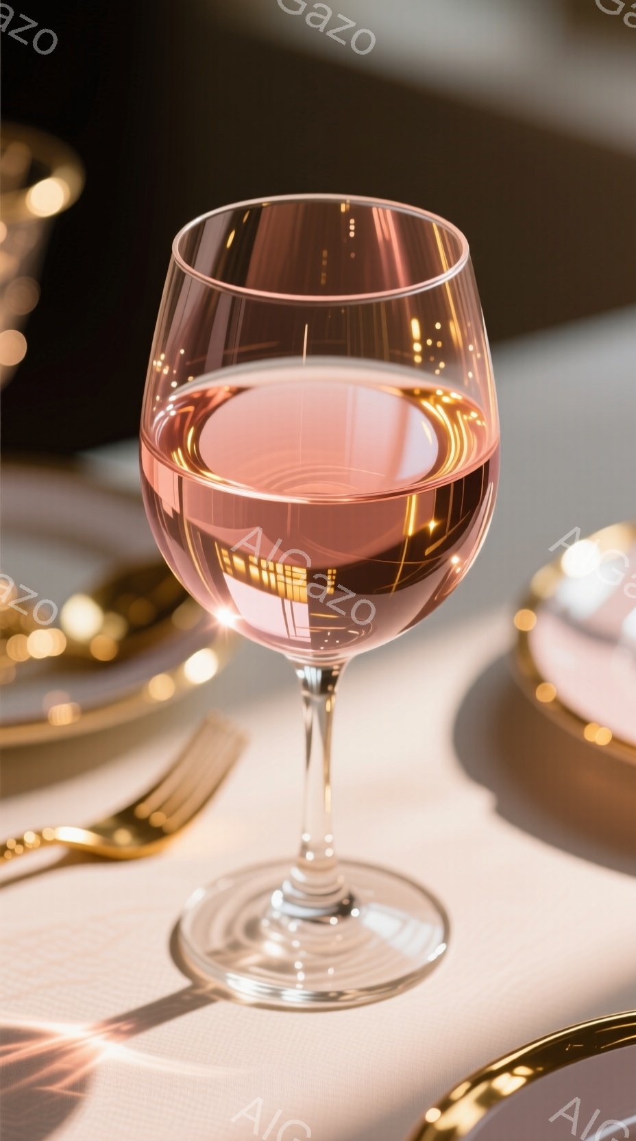 薄いピンク色のワインが、クリスタルのグラスに満たされ、その表面に光が反射して輝いている。グラスの周囲には、金色の食器が配置され、柔らかなベージュ色のテーブルクロスが敷かれている。全体的に暖かく、エレガ - AI生成フリー素材