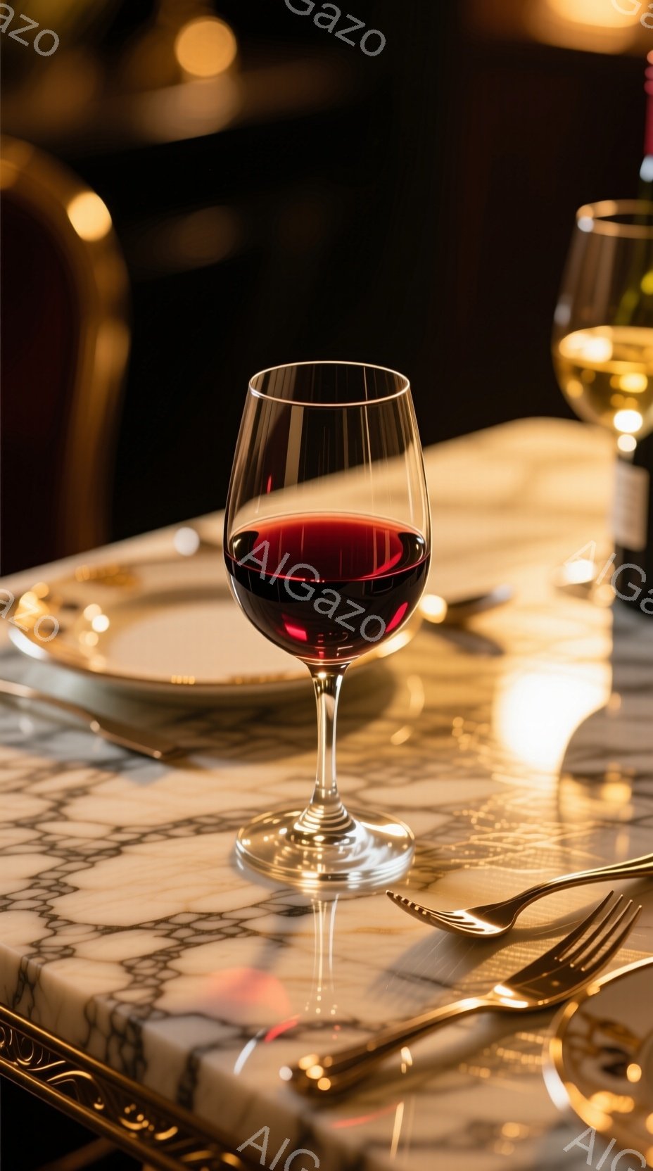 大理石のテーブルの上に、赤いワイングラスが置かれています。背景には、金色の縁取りのあるお皿と、銀色のフォークとナイフが配置されており、暖色系の照明がテーブル全体を照らしています。高級感があり、落ち着いた雰囲気のダイニングシーンです。