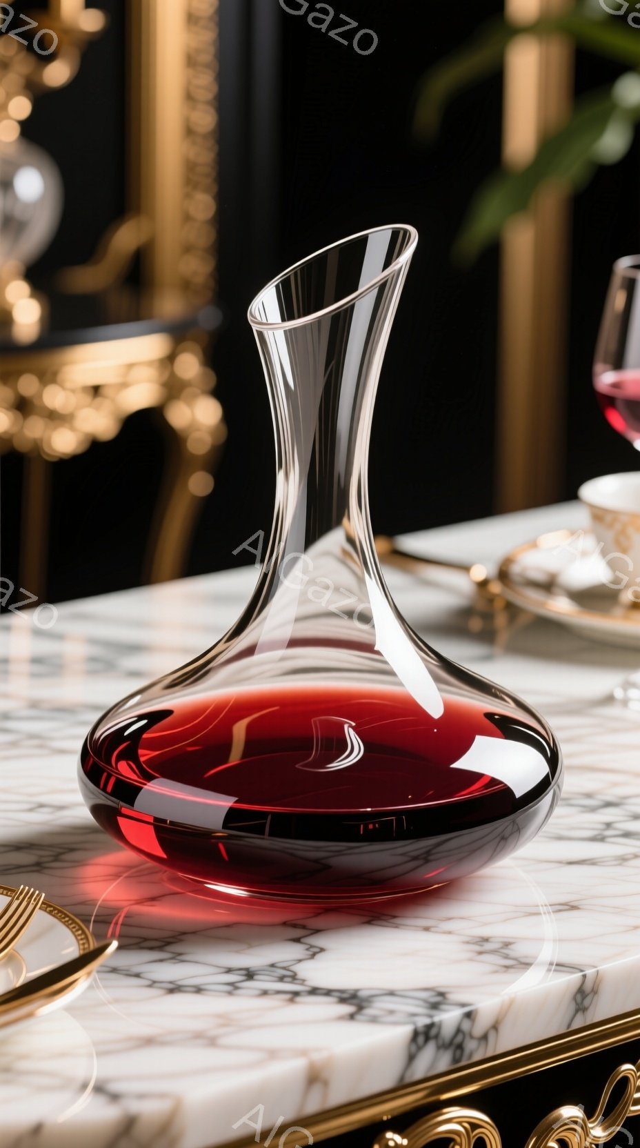 画像には、赤ワインが入ったワインデカンタが写っています。デカンタは磨かれた大理石の台の上に置かれ、周りには金色の装飾が施された家具が見えます。ワインの深い赤色が、高級感のある背景と調和し、落ち着いた雰 - AI生成フリー素材