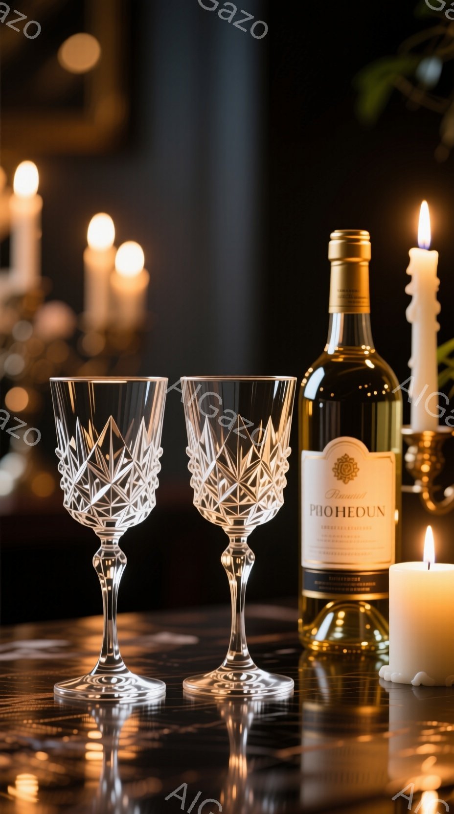 画像には、磨かれたテーブルの上に、洗練されたデザインのワイングラスが2つと、ラベルが貼られた白ワインのボトルが置かれています。背景は暗く、ぼやけたキャンドルの光が暖かくロマンチックな雰囲気を醸し出しており、ワイングラスとボトルが反射して光沢を放っています。全体の雰囲気は、優雅で落ち着いた、特別な夜を楽しむための設定を示唆しています。