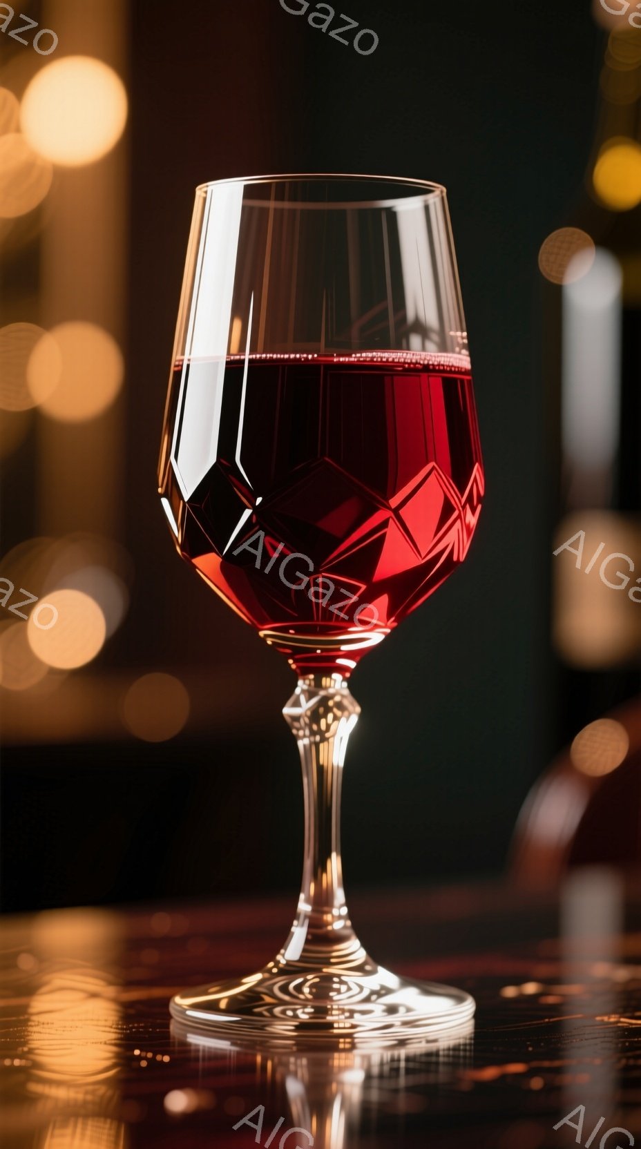 高価そうなワイングラスが、深い赤色のワインで満たされ、光沢のある暗い木製のテーブルに置かれている。背景はぼやけており、暖色系の光点があり、高級感と落ち着いた雰囲気を醸し出している。グラスの反射がテーブルに映り込み、ワインの深みとグラスの繊細さを強調している。