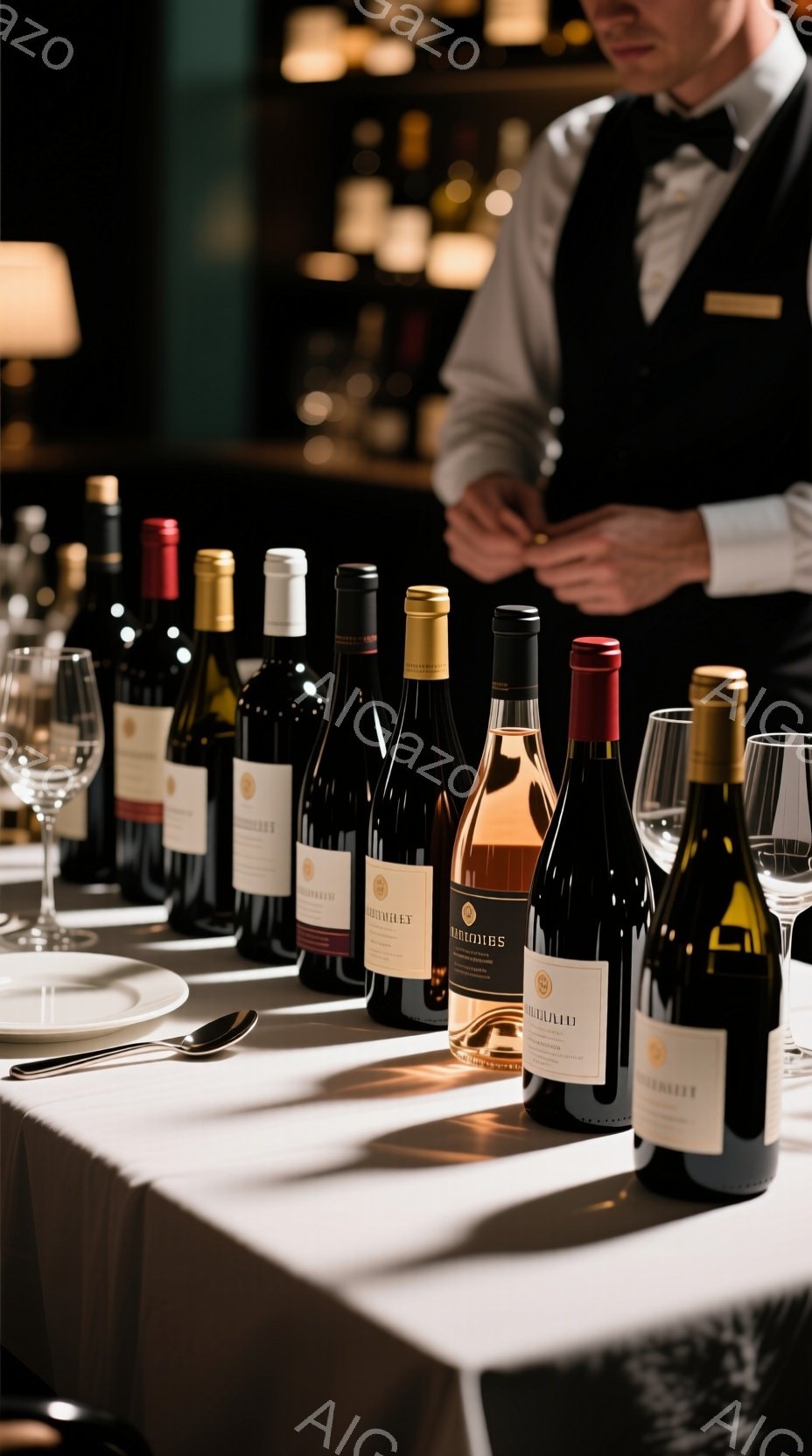 白いテーブルクロスの上に、様々なワインボトルが整然と並べられています。背後には、黒いベストと白いシャツを着たウェイターが立っており、わずかにぼやけていますが、フォーマルな雰囲気を醸し出しています。室内は薄暗く、高級レストランのような落ち着いた雰囲気で、ワインテイスティングや食事の準備をしている場面だと思われます。