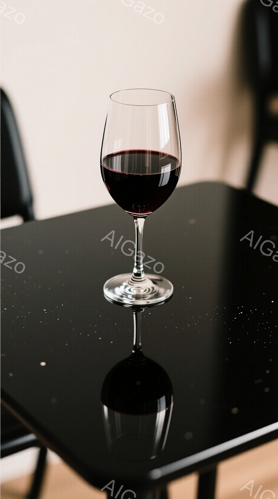 黒いテーブルの上に、赤ワインが入ったワイングラスが置かれています。グラスは光沢があり、ワインの深紅の色が鮮やかです。テーブルの表面には細かい埃が散らばっており、静かで落ち着いた雰囲気を醸し出しています - AI生成フリー素材