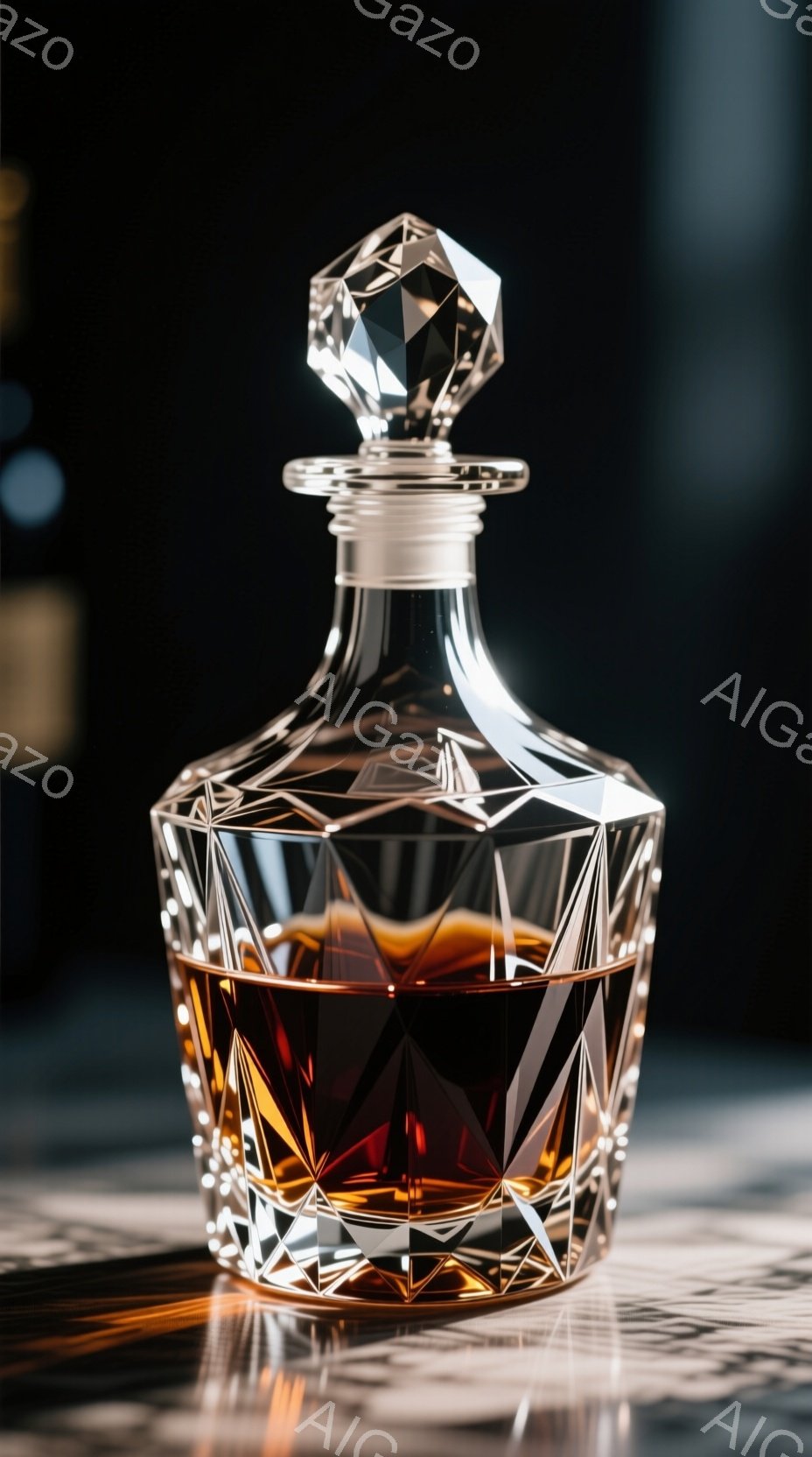 複雑なカットが施されたクリスタル製のデキャンタが、琥珀色の液体を満たして写っている。背景は暗く、大理石のような質感の台の上に置かれており、光の反射が美しく、高級感と落ち着いた雰囲気を醸し出している。液体は透明感があり、光を透過してデキャンタの複雑な形状を際立たせている。