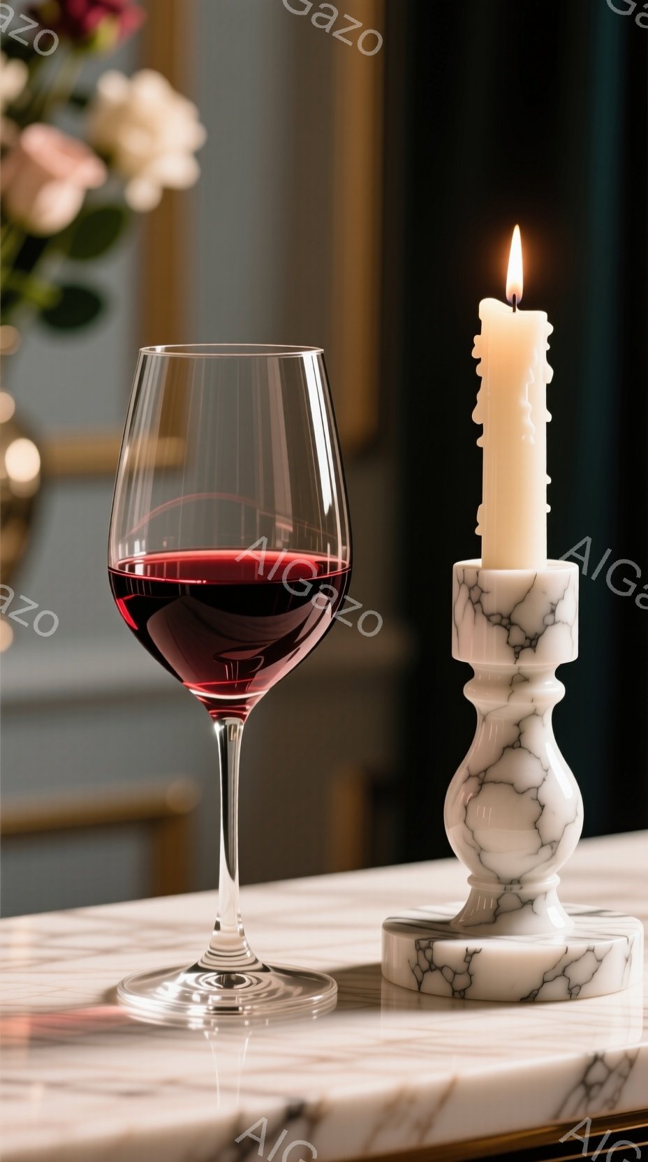 赤ワインが注がれたワイングラスと、大理石調の燭台に立てられた白いロウソクが、大理石のテーブルの上に並んでいる。背景にはぼやけた花瓶と、暗い色の壁が見え、落ち着いた雰囲気を作り出している。全体的に洗練さ - AI生成フリー素材