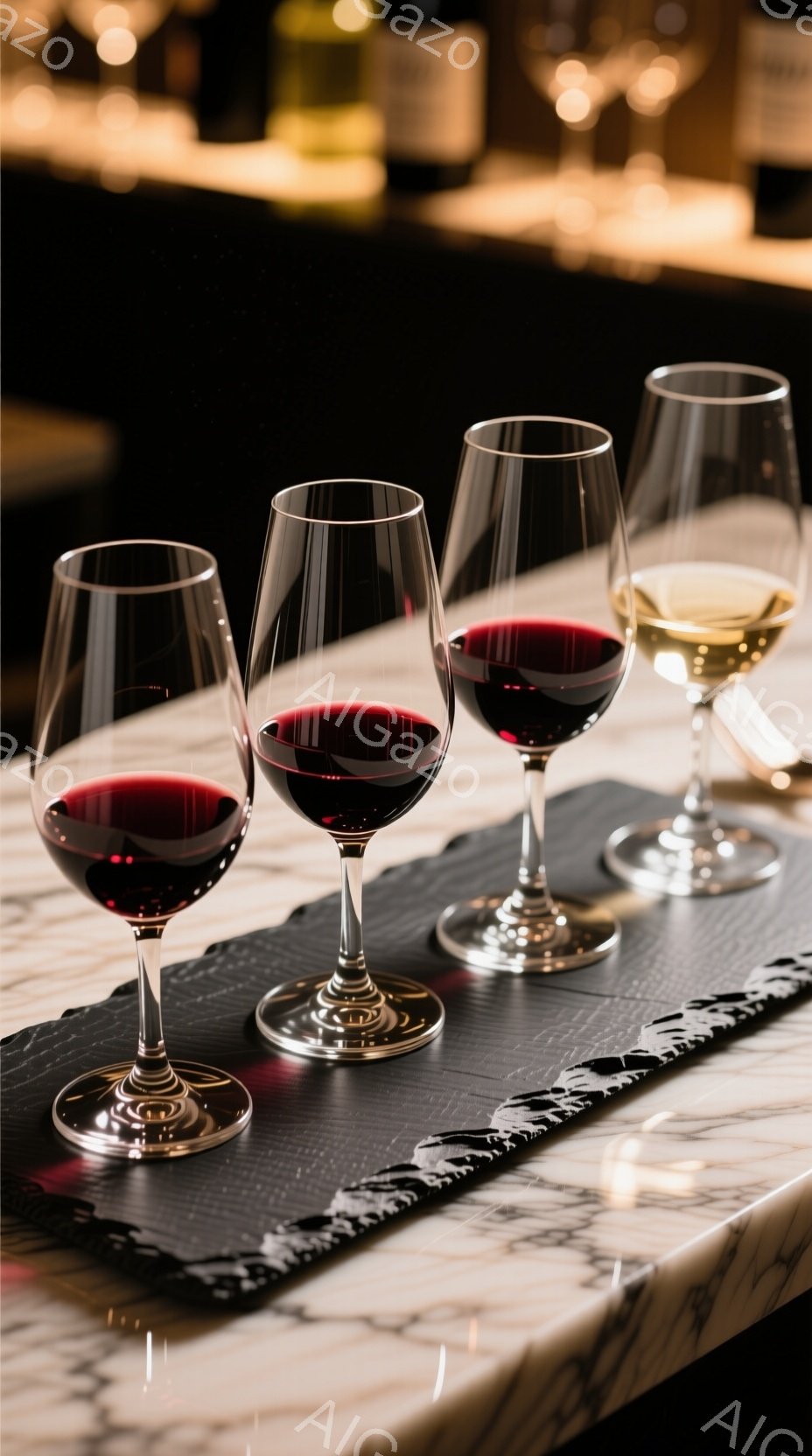 鮮やかな赤ワインと淡い黄色の白ワインが、それぞれグラスに注がれて並べられています。グラスは黒いプレースマットの上に置かれており、背景にはぼやけたワインボトルが見えます。全体的に落ち着いた雰囲気で、洗練されたワインテイスティングや晩餐のシーンを想起させます。