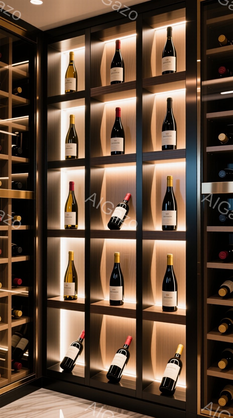 画像は、ワインセラー内部の様子を捉えており、木製の棚に様々なワインボトルが整然と並べられています。棚は曲線的なデザインで、背面に設置されたライトがワインボトルを照らし、高級感と落ち着いた雰囲気を醸し出しています。全体の照明は暖色系で、ワインセラーの洗練された空間を強調しています。