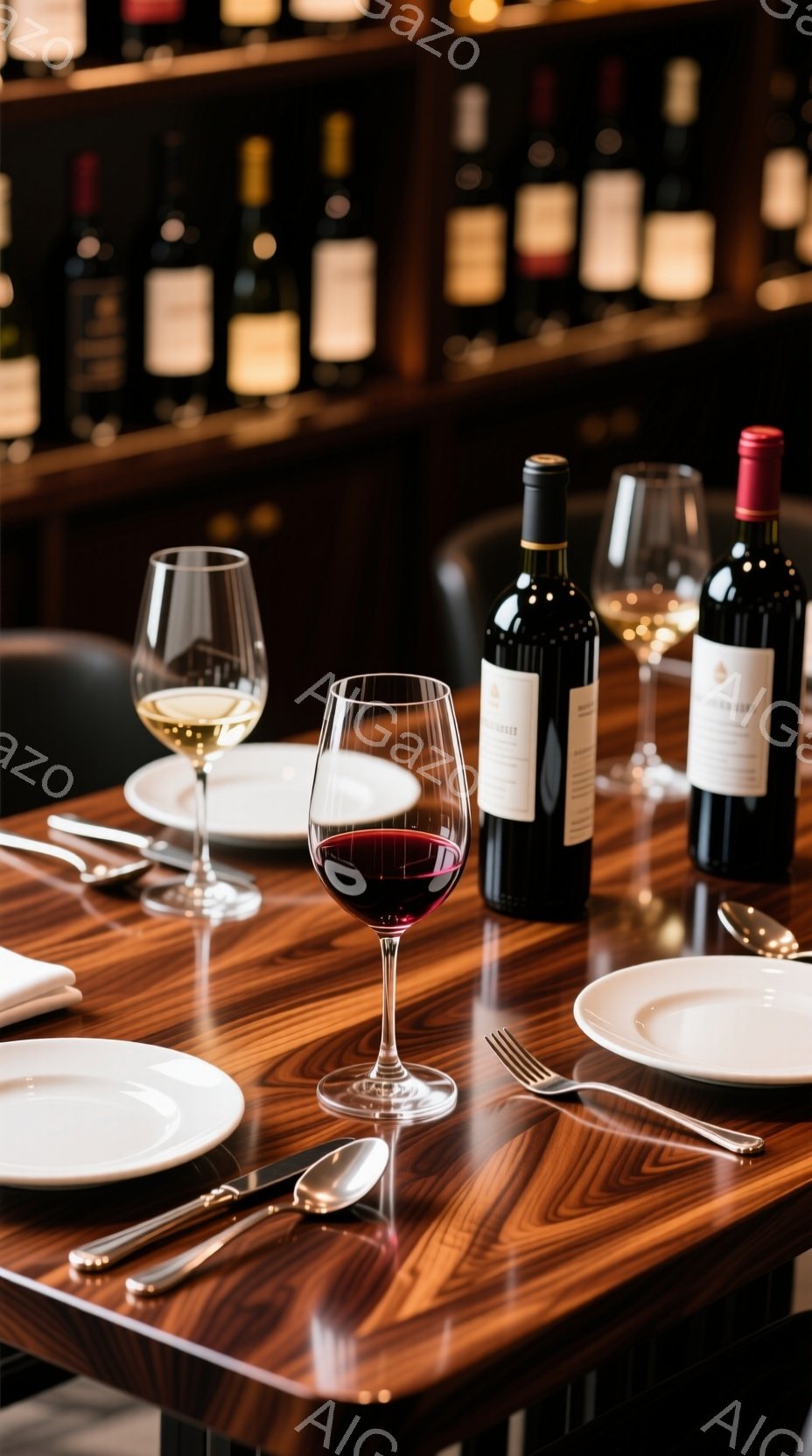 重厚な木製のテーブルの上に、赤ワイングラスと白ワイングラス、そして食器が置かれています。背景にはワインボトルが並んだ棚があり、落ち着いた雰囲気のレストランやダイニングルームの様子が伺えます。全体的に、洗練された大人の空間を演出する、上品で美しい一枚です。