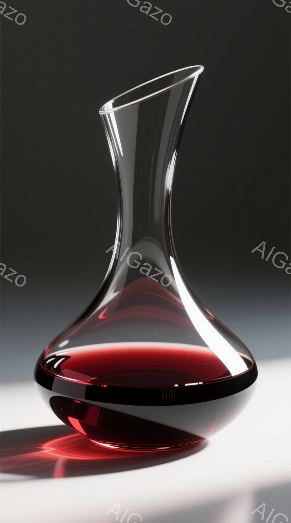 画像には、深紅色のワインが底に溜まったワインデキャンタが映っています。光沢のあるガラス製で、洗練されたカーブを描き、床面にはワインの色が反射して広がっています。全体的に落ち着いた雰囲気で、高級感と優雅さが感じられます。