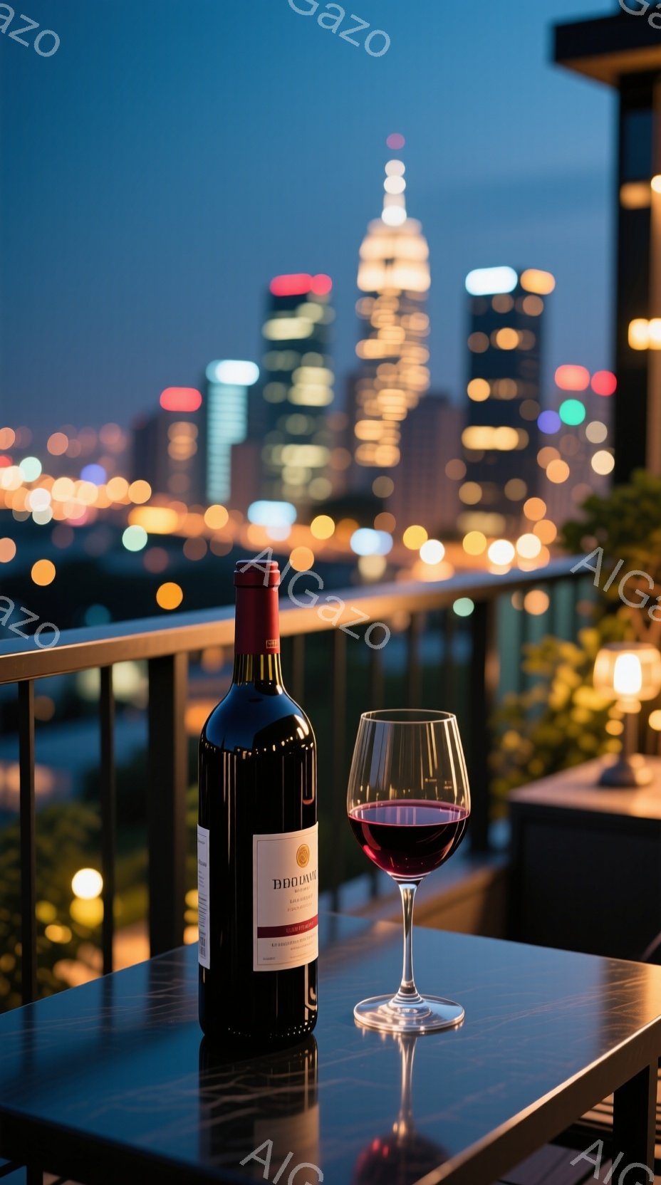 画像には、深い赤色のワインボトルとワイングラスが、夜景を背景にしたテーブルの上に置かれています。背景には、光り輝く高層ビル群が広がり、夜空と街の光が美しいコントラストを生み出しています。全体的に洗練された雰囲気で、特別な夜を過ごすための心地よい空間が表現されています。