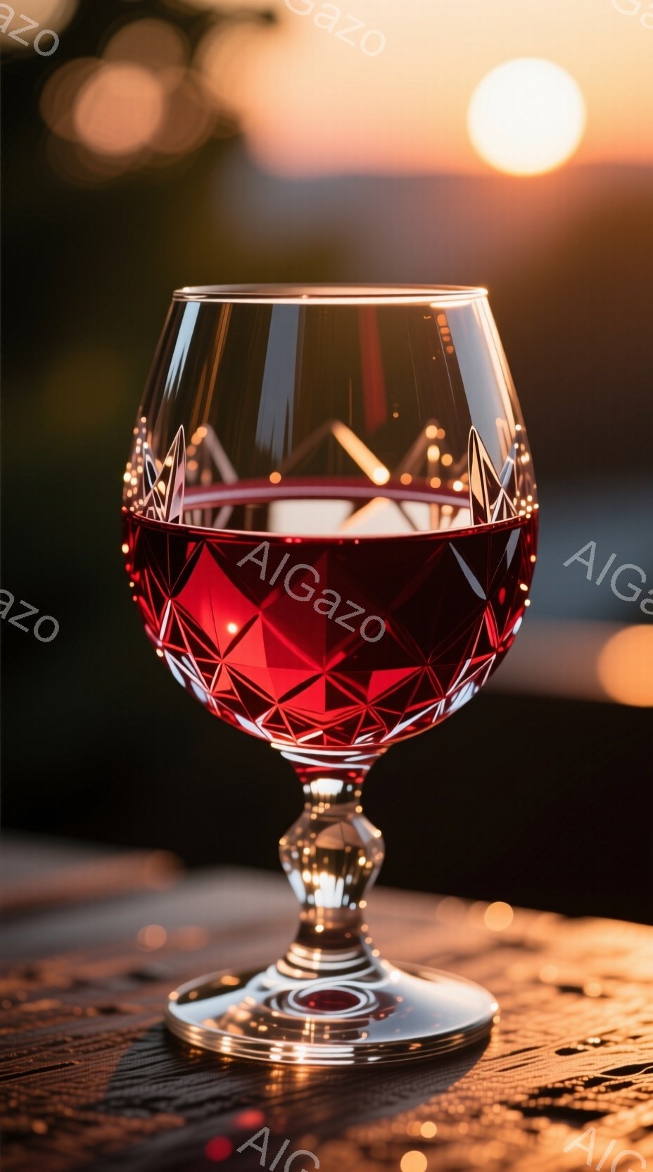 赤ワインが満たされたクリスタルグラスが、木製のテーブルの上に置かれている。グラスのカットが光を反射し、ワインの深紅の色合いを強調している。背景はぼやけており、夕焼けのような暖かい光が差し込み、落ち着いた雰囲気を醸し出している。