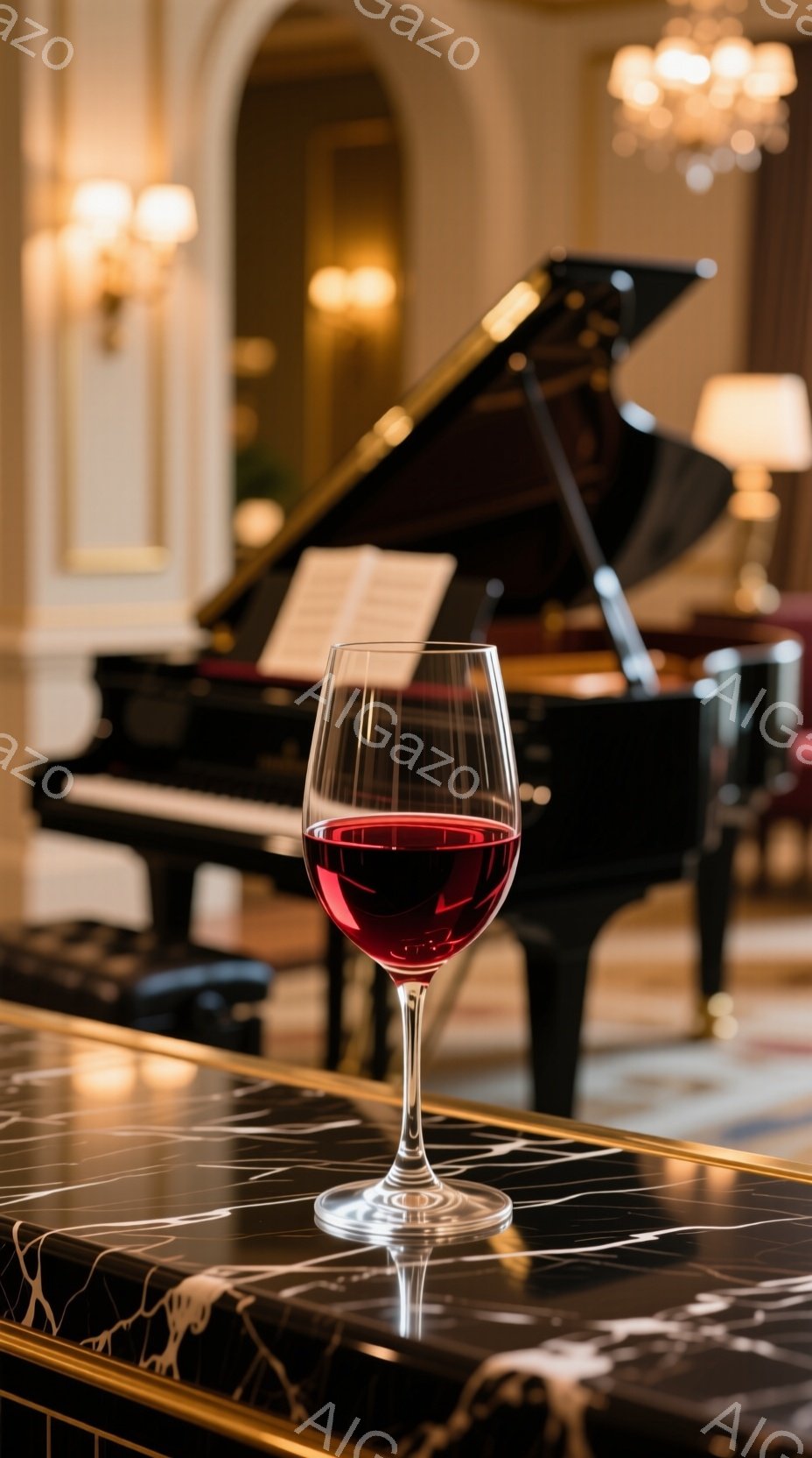 黒の大理石のカウンターの上に、赤ワインが注がれたワイングラスが置かれている。背景には黒いグランドピアノがぼんやりと見え、豪華な雰囲気のホテルやロビーの一角を思わせる。暖色系の照明とワインの赤色が組み合わさり、落ち着いた、洗練されたムードを醸し出している。