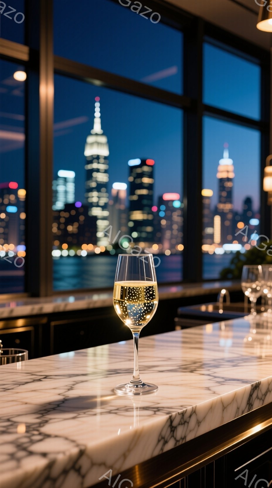 大理石のカウンターの上に、泡立つワイングラスが置かれています。背景には夜のニューヨークのスカイラインが広がり、煌めく光が水面に反射しています。高級感があり、静かで落ち着いた雰囲気です。 - AI生成フリー素材