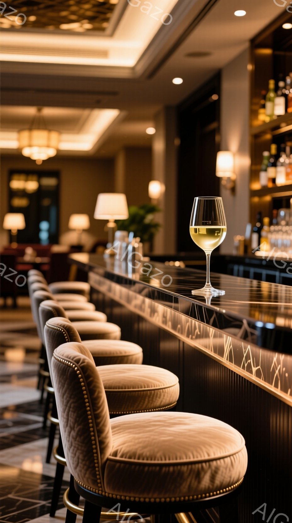 バーカウンターに沿って、ボタンで装飾された背もたれの淡いピンク色のベルベットの椅子が並べられています。カウンターの上には、透明なワイングラスに淡い黄色の液体が入っており、カウンターの表面に反射しています。背景にはぼやけたバーの棚があり、暖色系の照明が全体的に落ち着いた高級感のある雰囲気を醸し出しています。