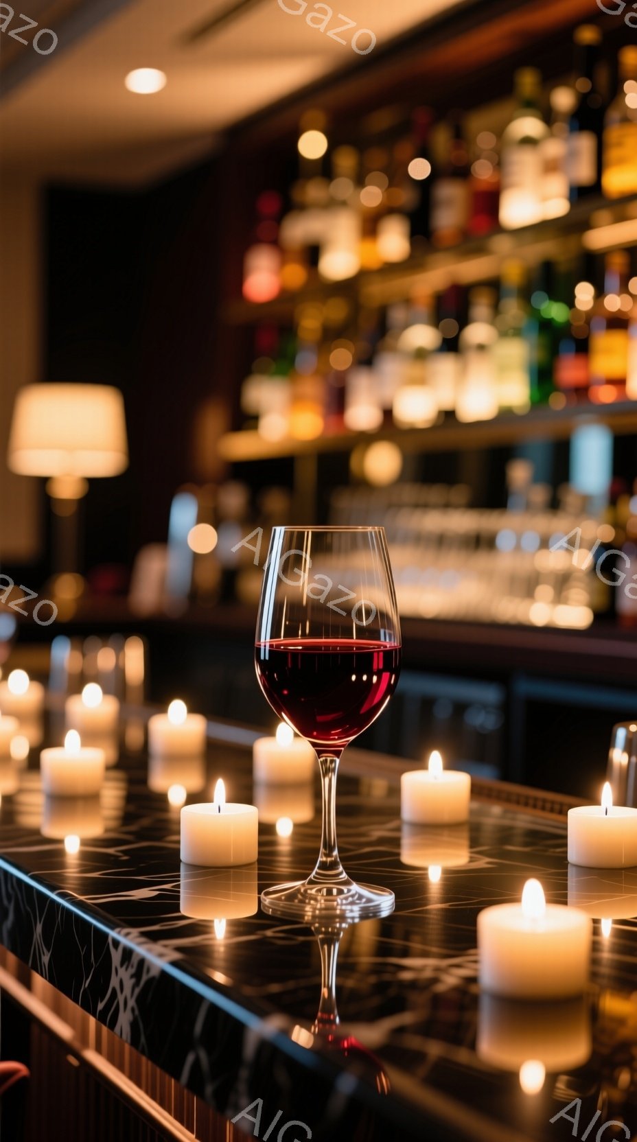 赤ワインがグラスに満たされ、光沢のある大理石のようなカウンターの上に置かれている。周りには多くの小さなキャンドルが灯され、暖かくロマンチックな雰囲気を醸し出している。背景には、様々なボトルが並んだバーカウンターがあり、少しぼやけているが、落ち着いた高級感のある空間であることがわかる。