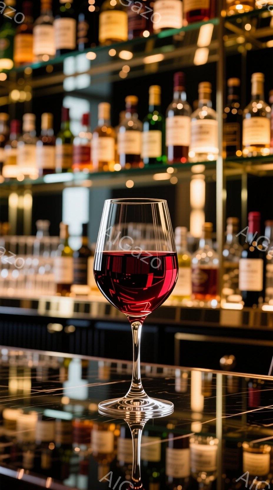 赤ワインが注がれたグラスが、黒いカウンターの上に置かれています。背景には、様々な種類のボトルが並んだ棚が見え、薄暗い照明がワイングラスとボトルを照らしています。全体的に洗練された大人の雰囲気が漂う、バーやレストランの一場面を切り取った写真です。