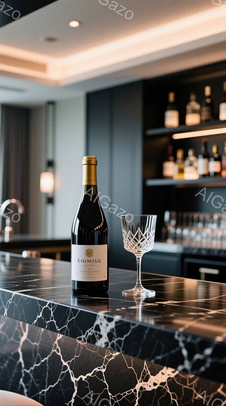 黒い大理石のようなカウンターの上にワインボトルとワイングラスが置かれています。背景にはワインが並んだ棚があり、落ち着いた雰囲気のバーカウンターのようです。光沢のあるボトルとグラスが、カウンターの模様とコントラストを作り出しています。