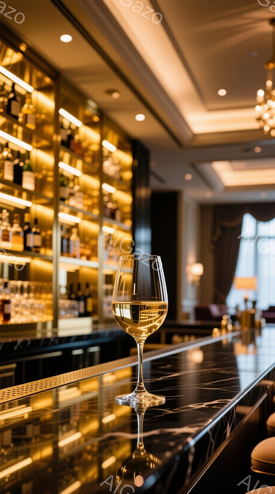 豪華なバーカウンターの上に、淡黄色の液体が入ったワイングラスが置かれている。カウンターは黒い大理石で、その上に光沢のある反射が見られる。背景には、多くのボトルが並んだ棚と、ぼやけた暖色の照明が見え、落ち着いた上品な雰囲気を醸し出している。