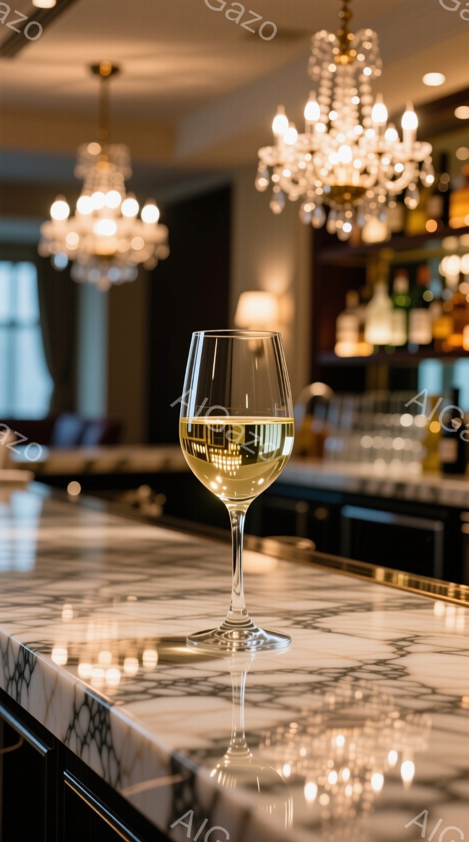 白ワインが、大理石のカウンターの上に置かれている。背景にはぼやけたバーカウンターと、きらめくシャンデリアが見え、暖かく上品な雰囲気を醸し出している。光の反射がワイングラスとカウンターに映り込み、美しい - AI生成フリー素材