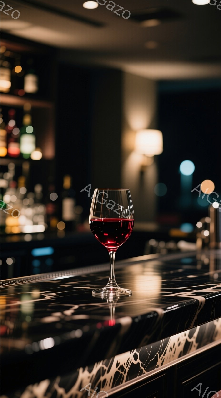 バーカウンター上に置かれた赤ワイングラスが焦点となっています。カウンターは黒大理石のような模様で、光沢があり、グラスの反射が映り込んでいます。背景にはぼやけたバーのボトルや照明がみえ、落ち着いた大人の - AI生成フリー素材