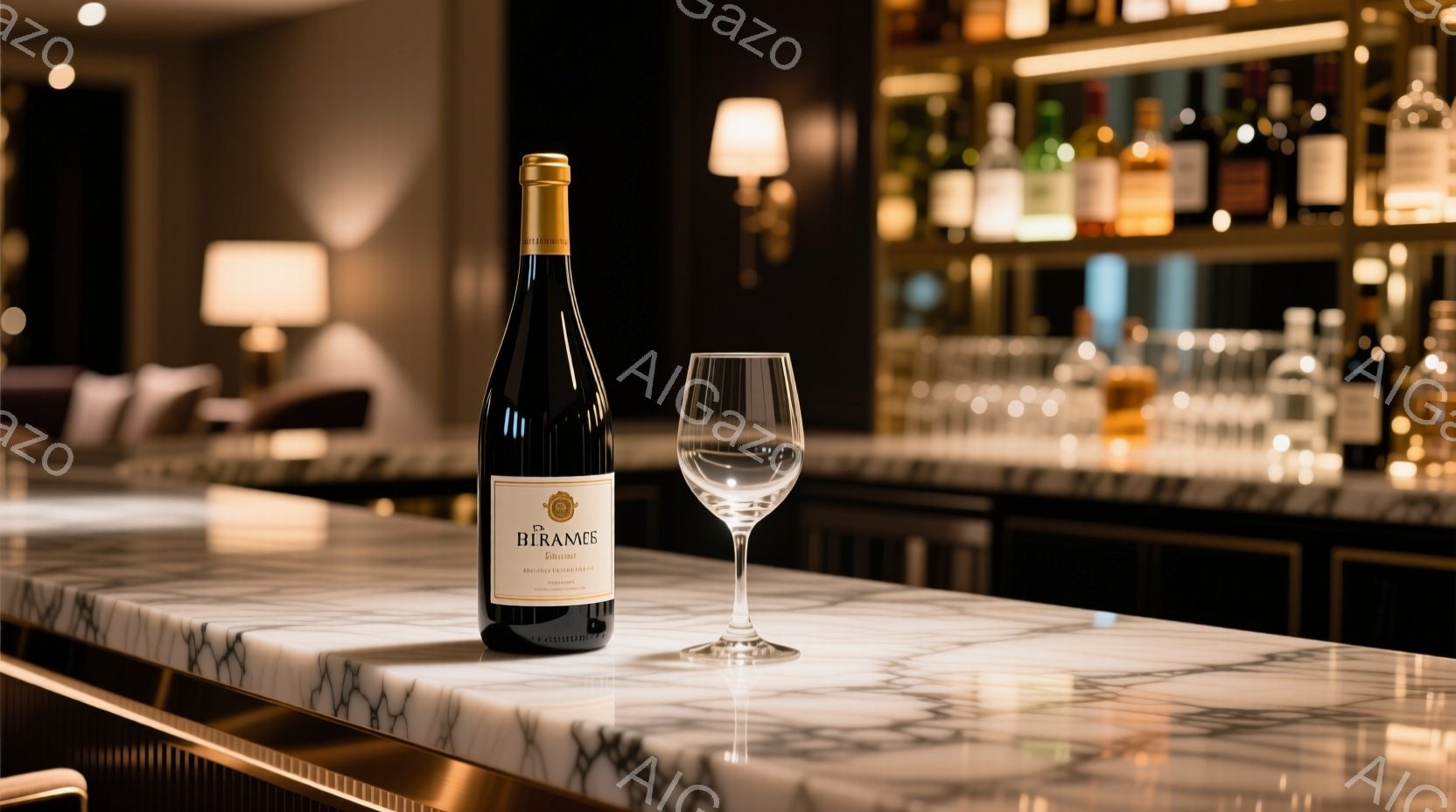 大理石のカウンターの上にワインボトルとワイングラスが置かれている。背景には、さまざまな種類のボトルが並んだバーカウンターと、暗めの照明、そして少しぼやけたソファが見える。全体的に落ち着いた雰囲気で、洗 - AI生成フリー素材