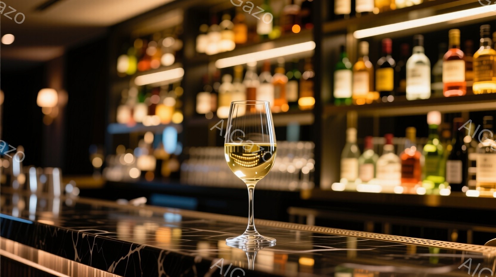 バーカウンターに置かれた白ワイングラスが焦点となっている。背景には様々な種類の酒瓶が並び、暖色系の照明がそれらを照らしている。大理石調のカウンターと、ややぼやけた背景が、洗練された大人の雰囲気を醸し出 - AI生成フリー素材