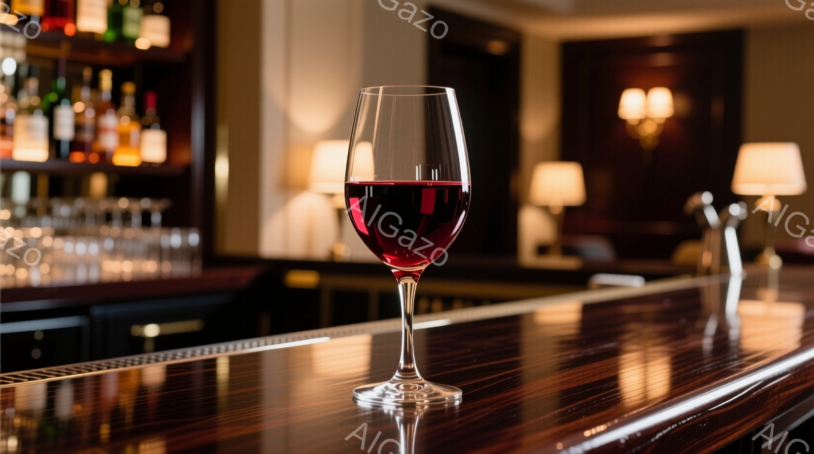 バーカウンターの上に、赤ワインが半分ほど入ったワイングラスが置かれている。グラスは繊細な脚を持ち、カウンターの光沢のある木目に反射して、落ち着いた雰囲気を作り出している。背景にはぼやけたバーの棚と、暖色系の照明が灯る空間が広がり、静かで洗練されたバーの情景を捉えている。
