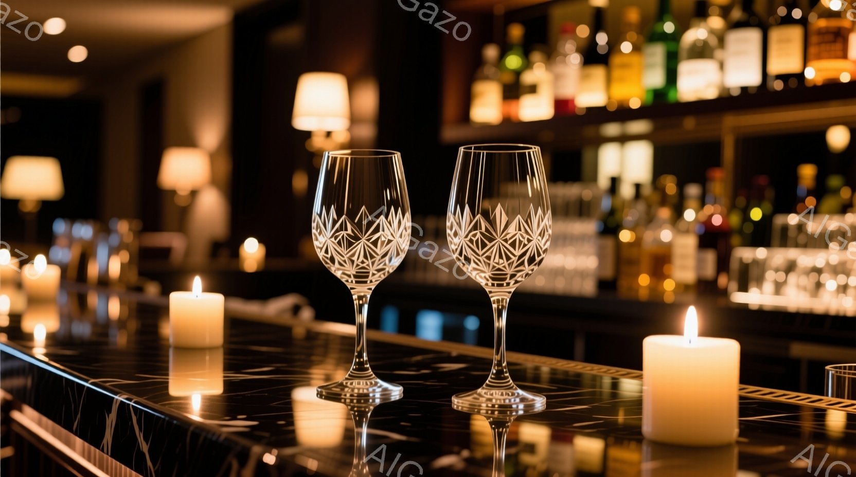 テーブルの上には、繊細な模様が彫られたワイングラスが2つ並べられており、それぞれのグラスは光を反射して煌めいています。グラスの周りには、暖かく揺らめくキャンドルが配置され、暗い背景と相まって、落ち着い - AI生成フリー素材
